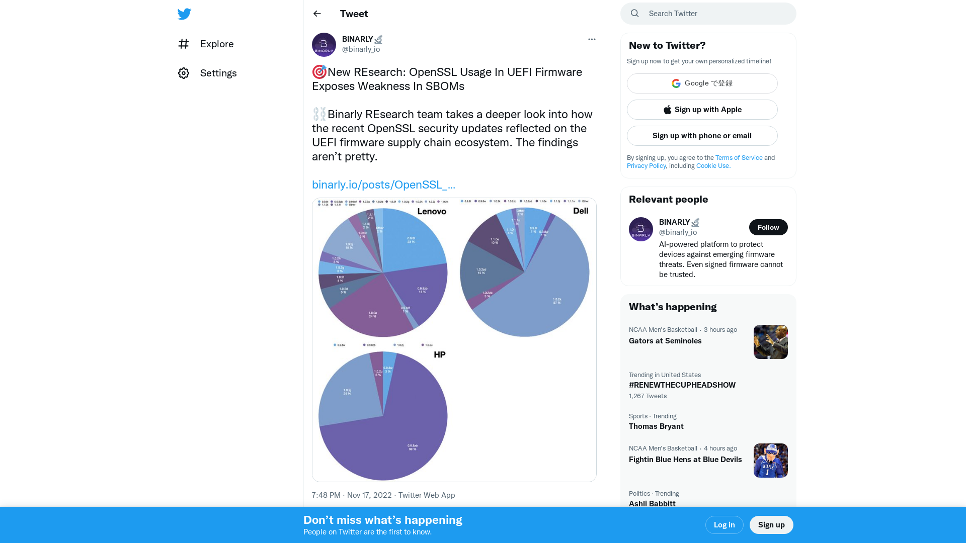 BINARLY🔬 on Twitter: "🎯New REsearch: OpenSSL Usage In UEFI Firmware Exposes Weakness In SBOMs ⛓️Binarly REsearch team takes a deeper look into how the recent OpenSSL security updates reflected on the UEFI firmware supply chain ecosystem. The findings aren’t pretty. https://t.co/u88xbQwu76 https://t.co/15EuaJfBGh" / Twitter