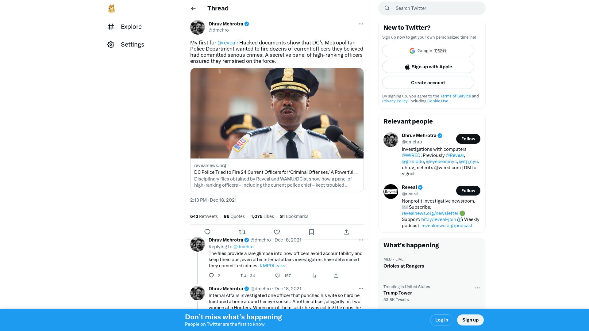 Dhruv Mehrotra on Twitter: "My first for @reveal: Hacked documents show that DC’s Metropolitan Police Department wanted to fire dozens of current officers they believed had committed serious crimes. A secretive panel of high-ranking officers ensured they remained on the force. https://t.co/uCURkR57PS" / Twitter