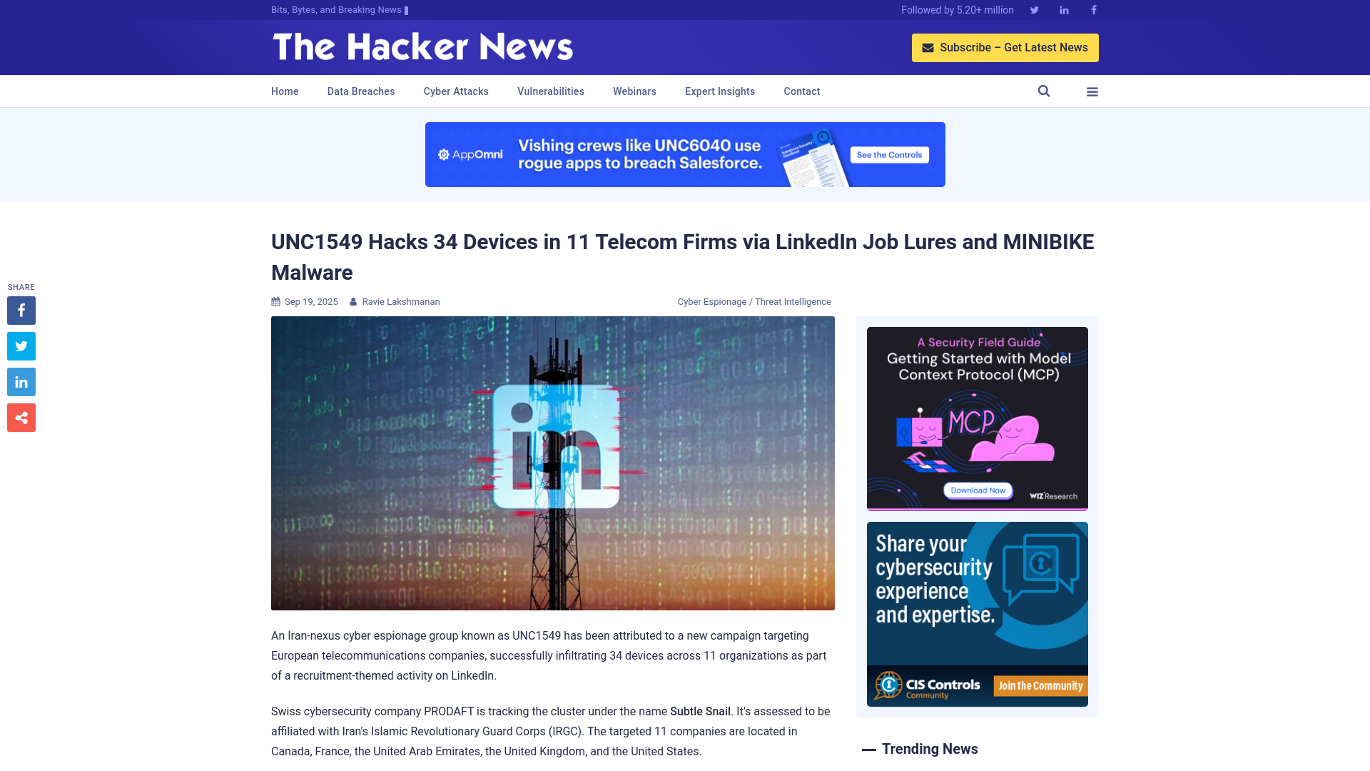 UNC1549 Hacks 34 Devices in 11 Telecom Firms via LinkedIn Job Lures and MINIBIKE Malware