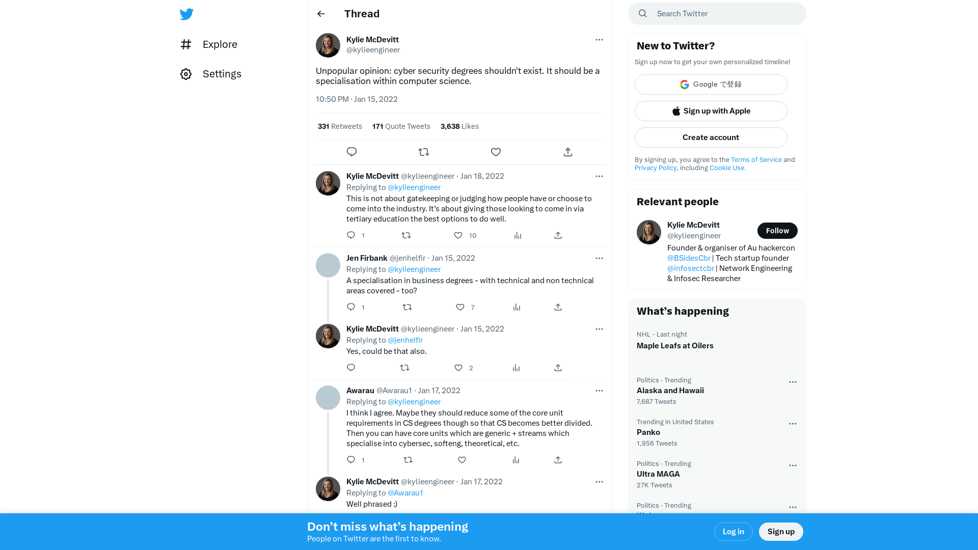 Kylie McDevitt on Twitter: "Unpopular opinion: cyber security degrees shouldn't exist. It should be a specialisation within computer science." / Twitter