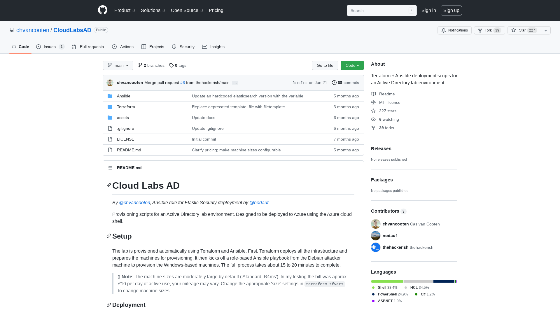 GitHub - chvancooten/CloudLabsAD: Terraform + Ansible deployment scripts for an Active Directory lab environment.