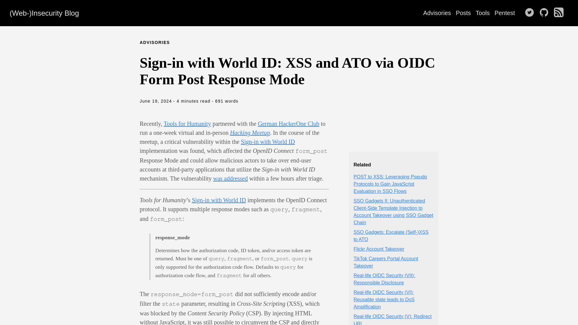 (Web-)Insecurity Blog | Sign-in with World ID: XSS and ATO via OIDC Form Post Response Mode