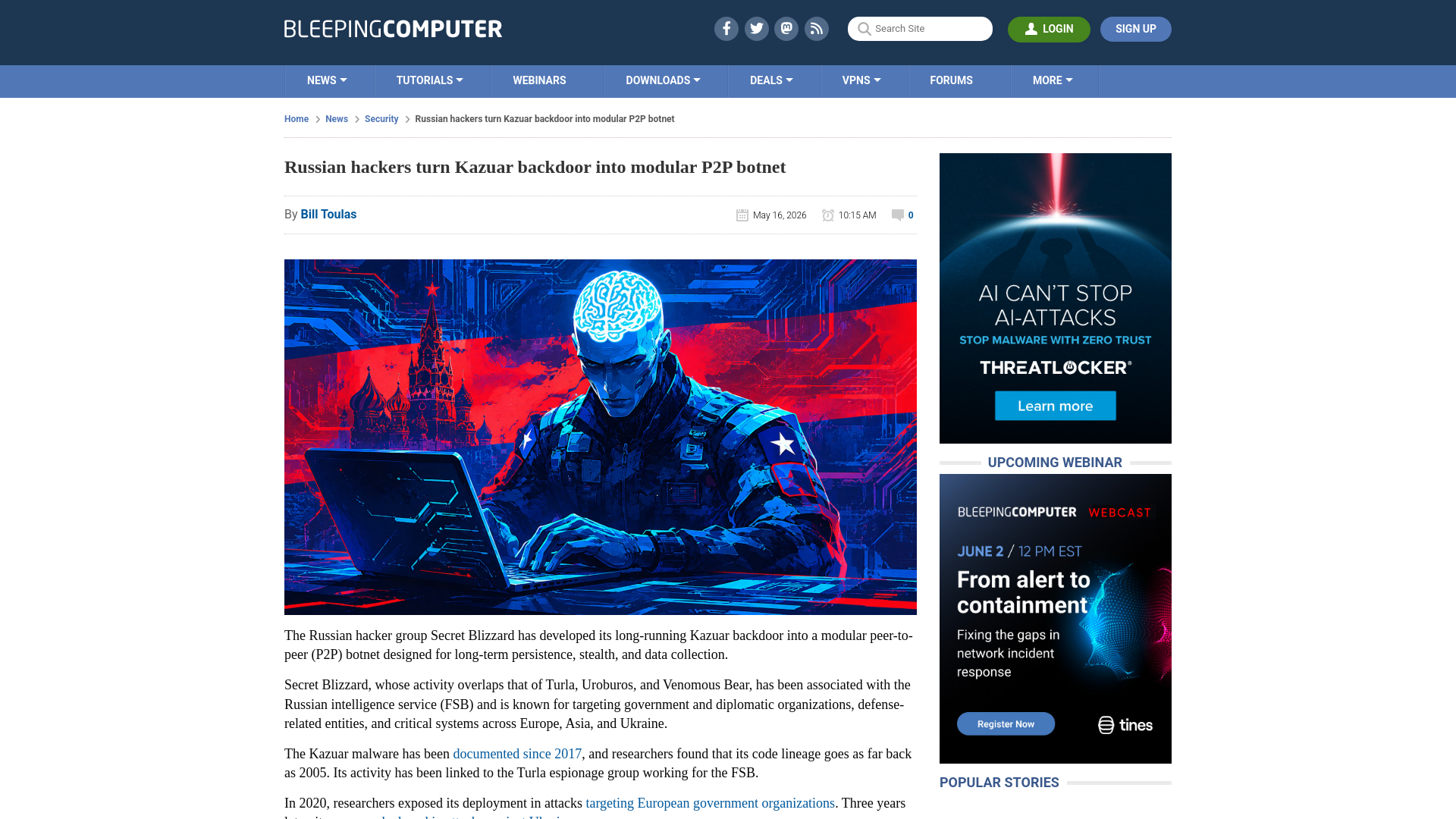 Russian hackers turn Kazuar backdoor into modular P2P botnet