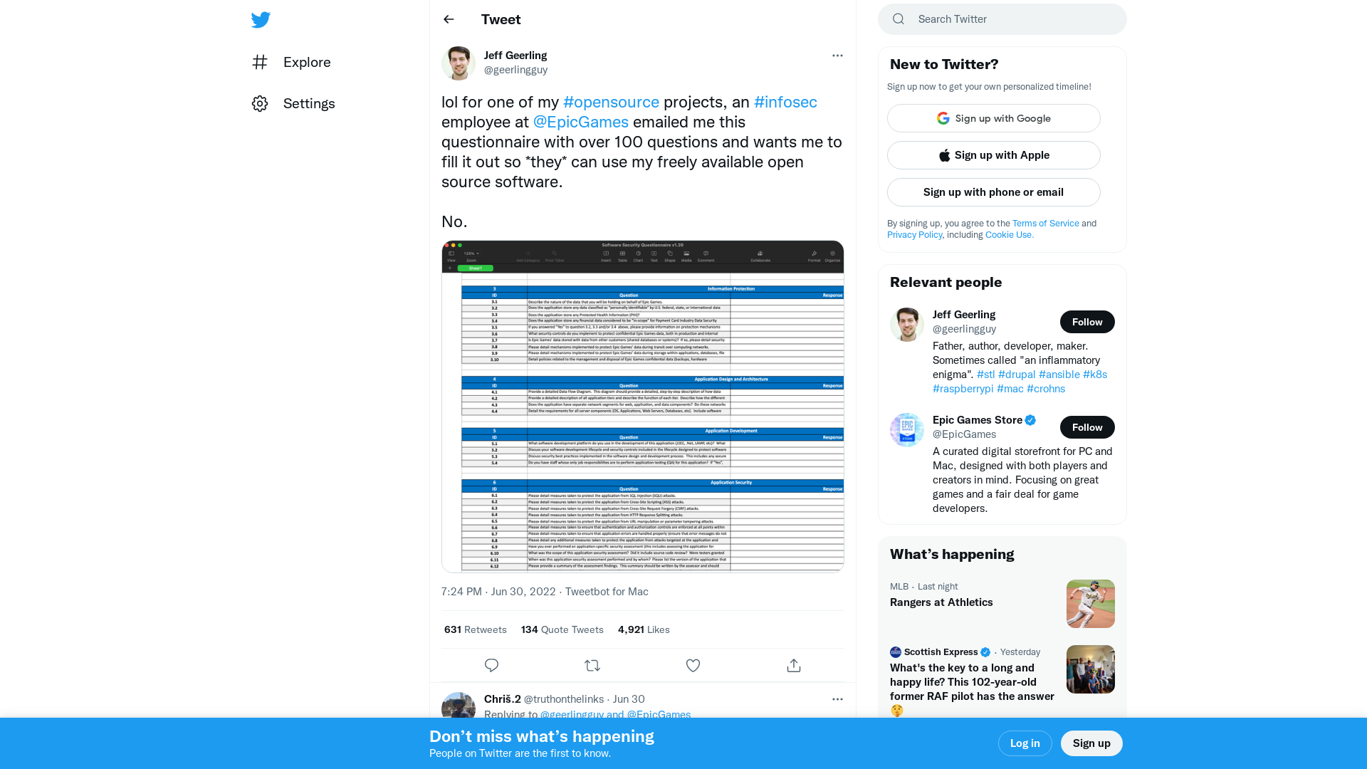 Jeff Geerling on Twitter: "lol for one of my #opensource projects, an #infosec employee at @EpicGames emailed me this questionnaire with over 100 questions and wants me to fill it out so *they* can use my freely available open source software. No. https://t.co/IcRgh12LWc" / Twitter