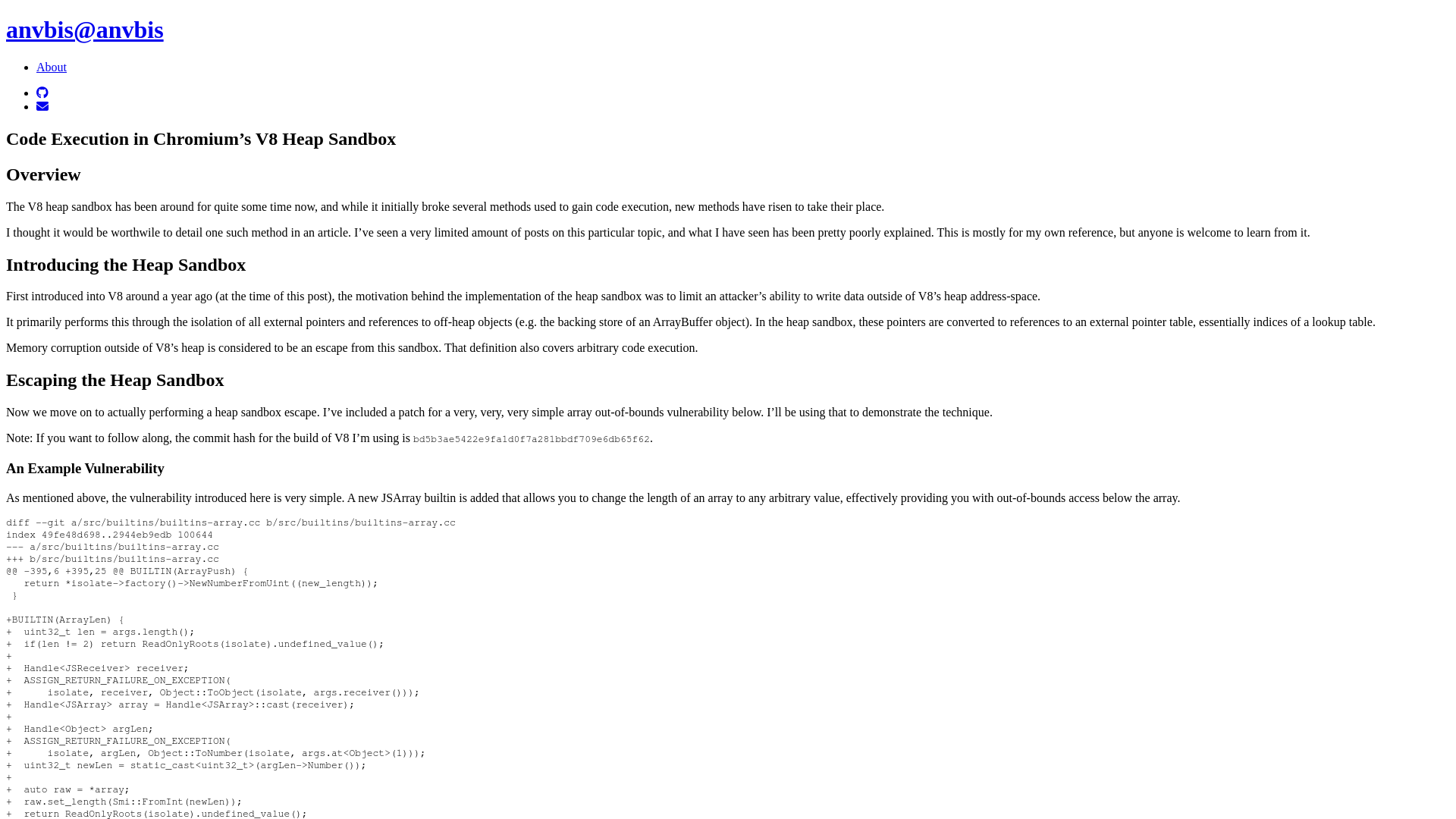Code Execution in Chromium's V8 Heap Sandbox – Anvbis