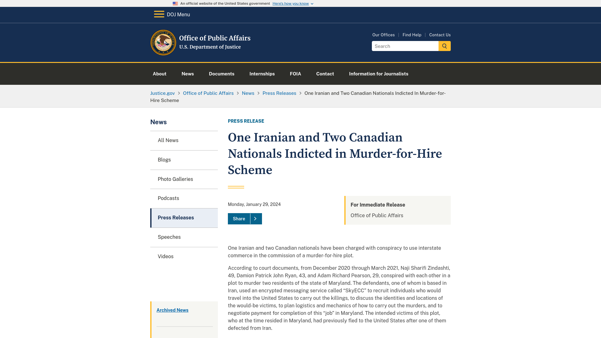 Office of Public Affairs | One Iranian and Two Canadian Nationals Indicted in Murder-for-Hire Scheme | United States Department of Justice