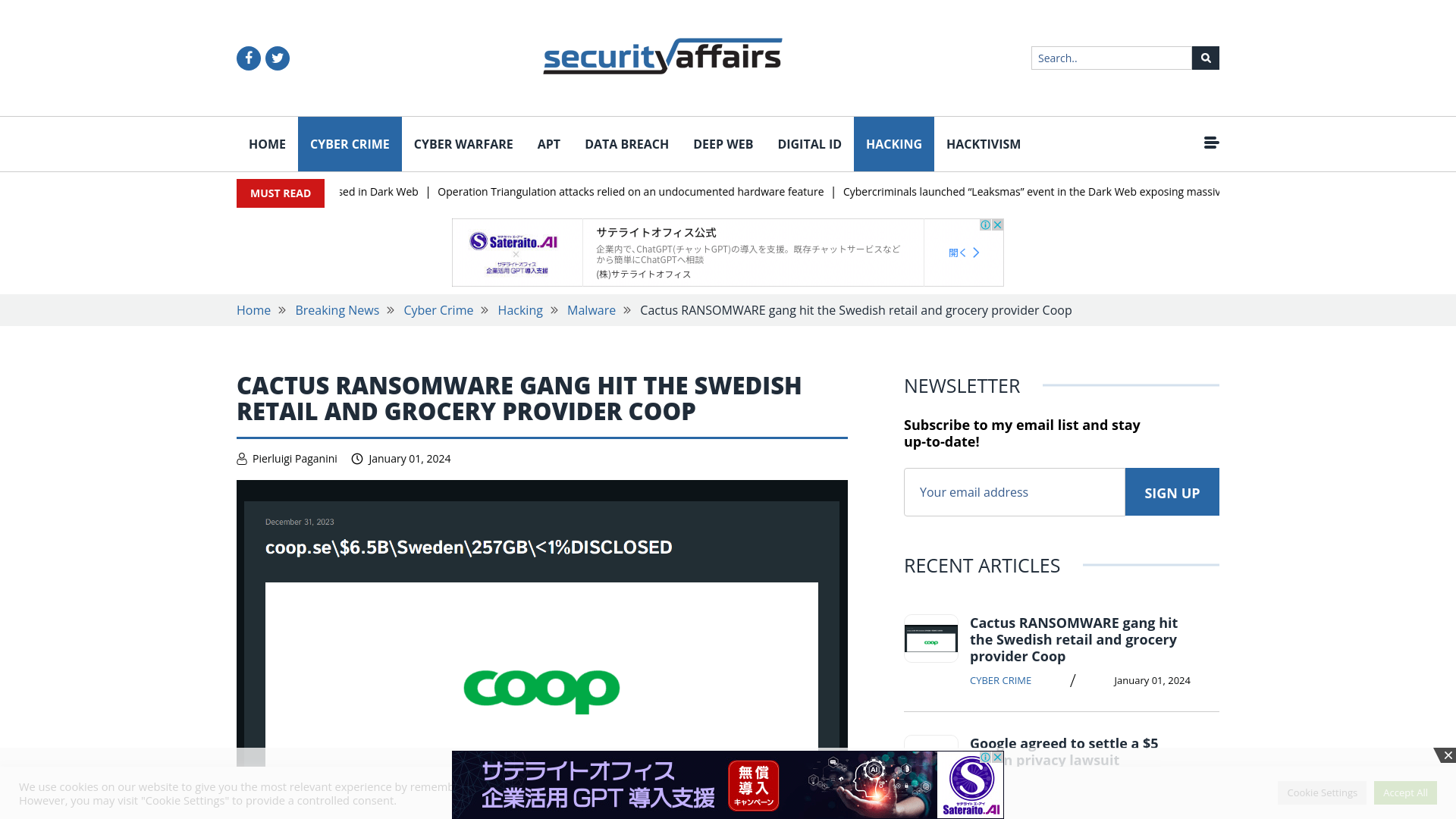 Cactus RANSOMWARE gang hit the Swedish retail and grocery provider Coop