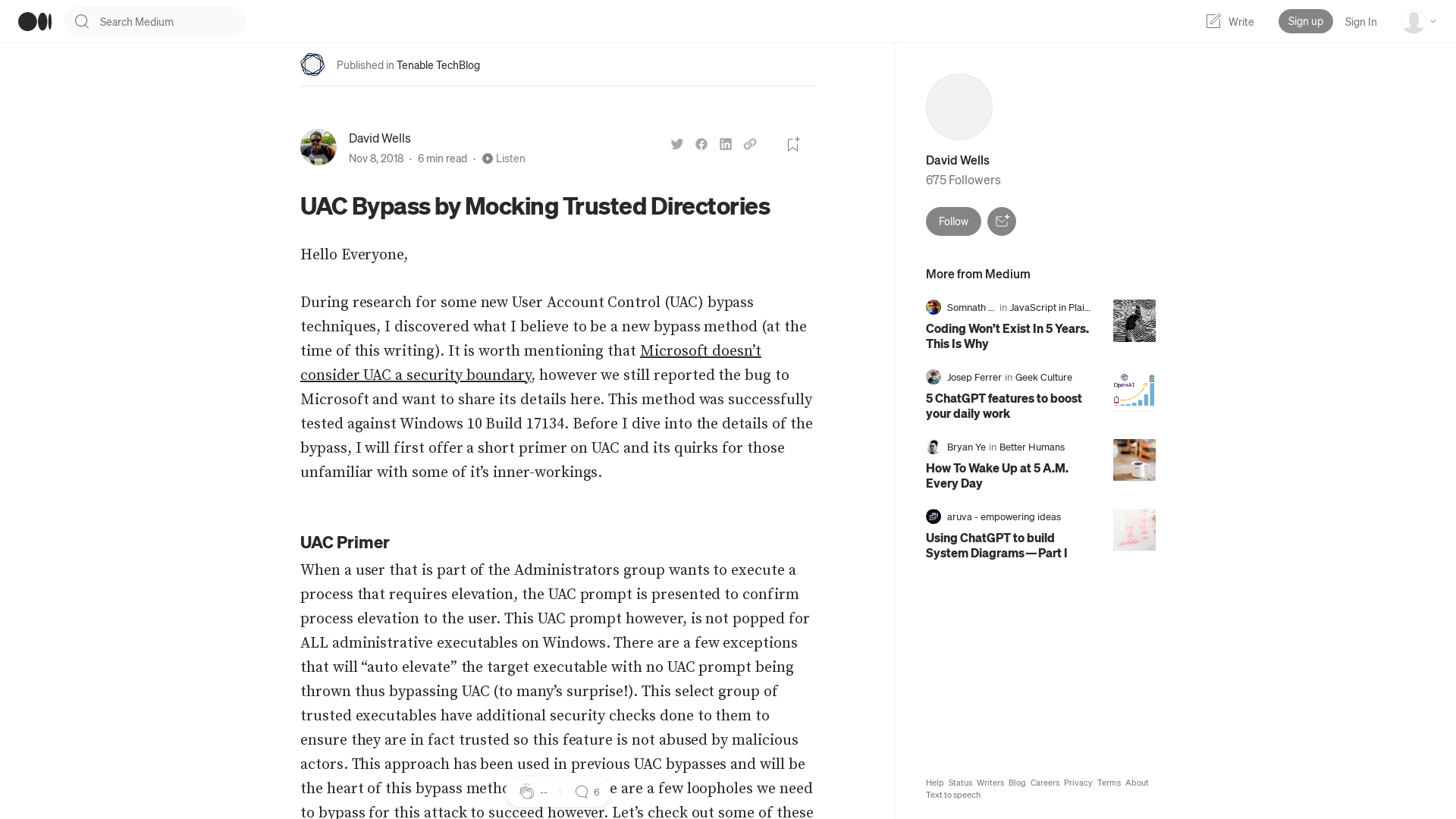UAC Bypass by Mocking Trusted Directories | by David Wells | Tenable TechBlog | Medium