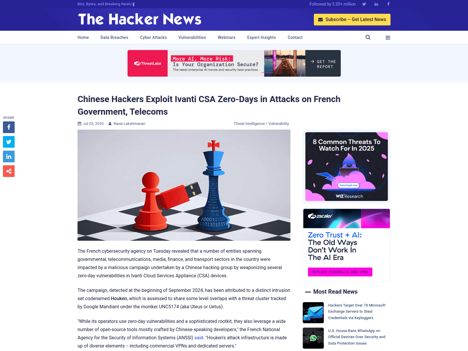 Chinese Hackers Exploit Ivanti CSA Zero-Days in Attacks on French Government, Telecoms