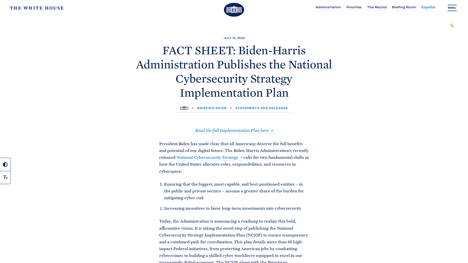 FACT SHEET: Biden-Harris Administration Publishes the National Cybersecurity Strategy Implementation Plan | The White House