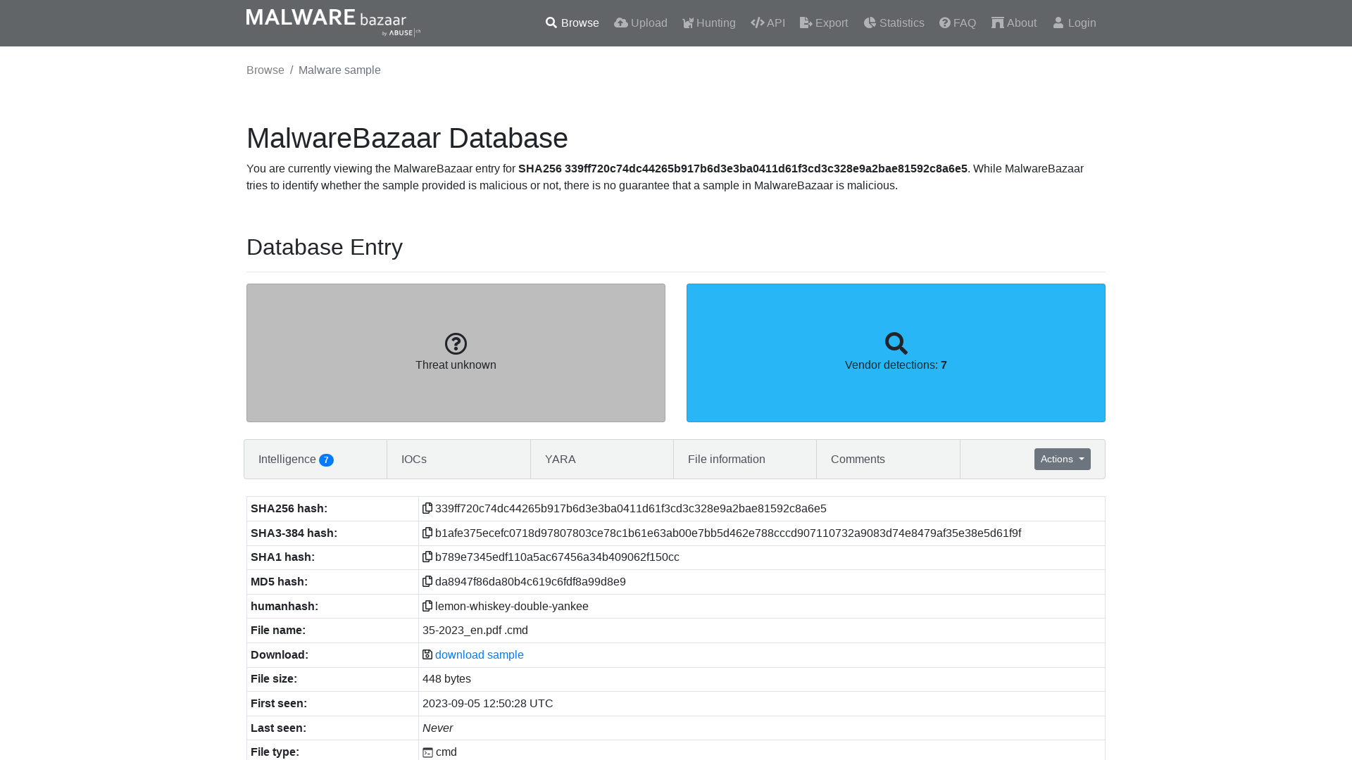 MalwareBazaar | SHA256 339ff720c74dc44265b917b6d3e3ba0411d61f3cd3c328e9a2bae81592c8a6e5