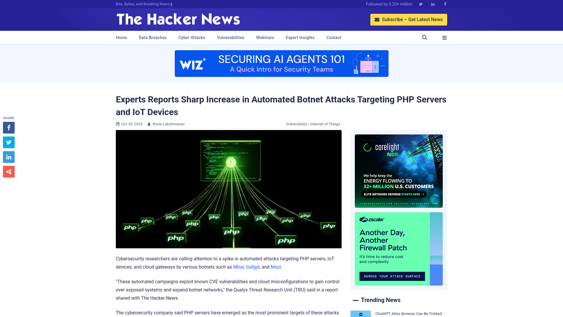 Experts Reports Sharp Increase in Automated Botnet Attacks Targeting PHP Servers and IoT Devices