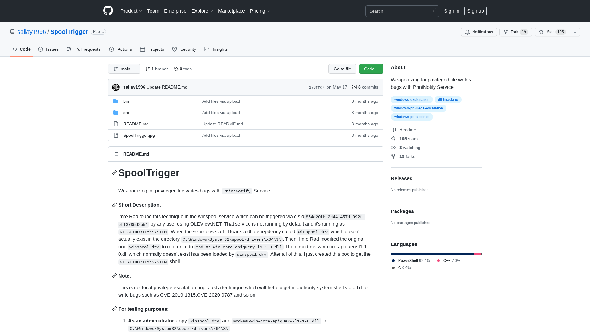 GitHub - sailay1996/SpoolTrigger: Weaponizing for privileged file writes bugs with PrintNotify Service
