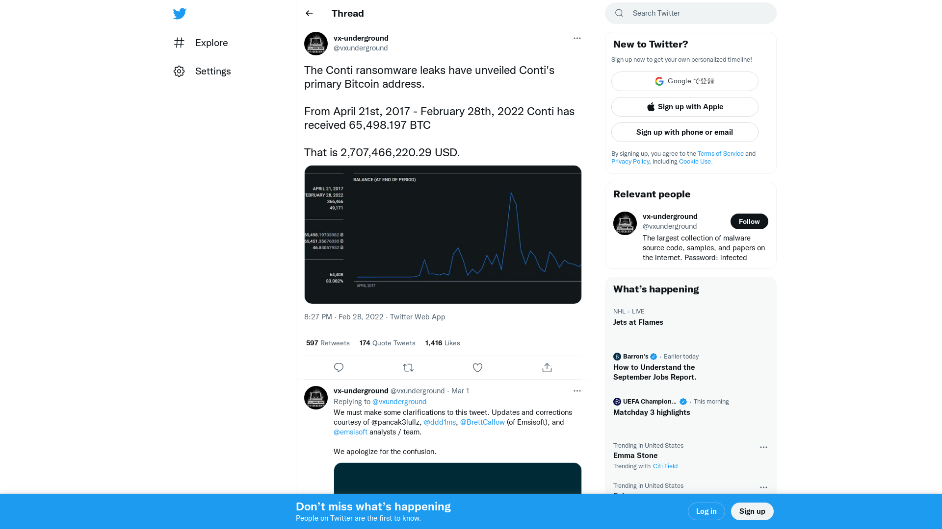 vx-underground on Twitter: "The Conti ransomware leaks have unveiled Conti's primary Bitcoin address. From April 21st, 2017 - February 28th, 2022 Conti has received 65,498.197 BTC That is 2,707,466,220.29 USD. https://t.co/sUdRnkLsoo" / Twitter