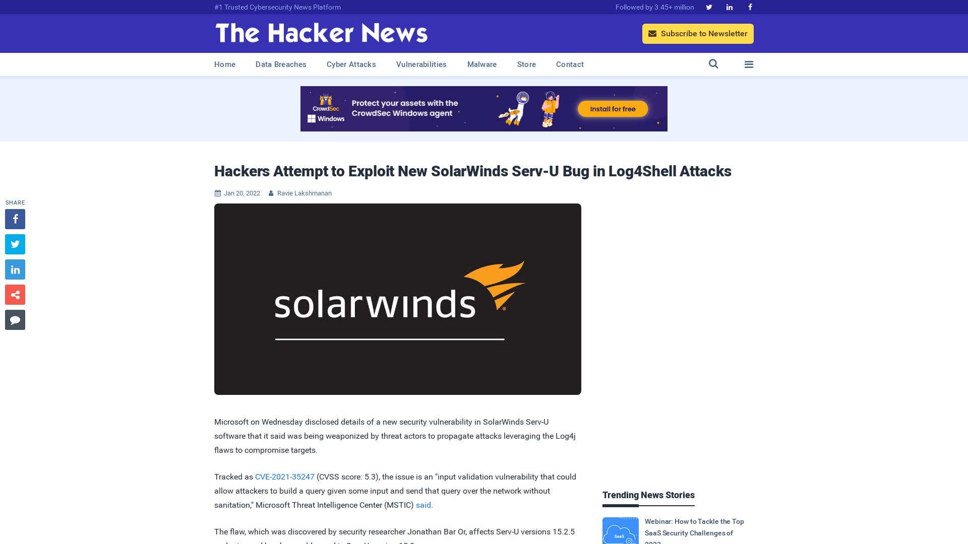 Hackers Attempt to Exploit New SolarWinds Serv-U Bug in Log4Shell Attacks