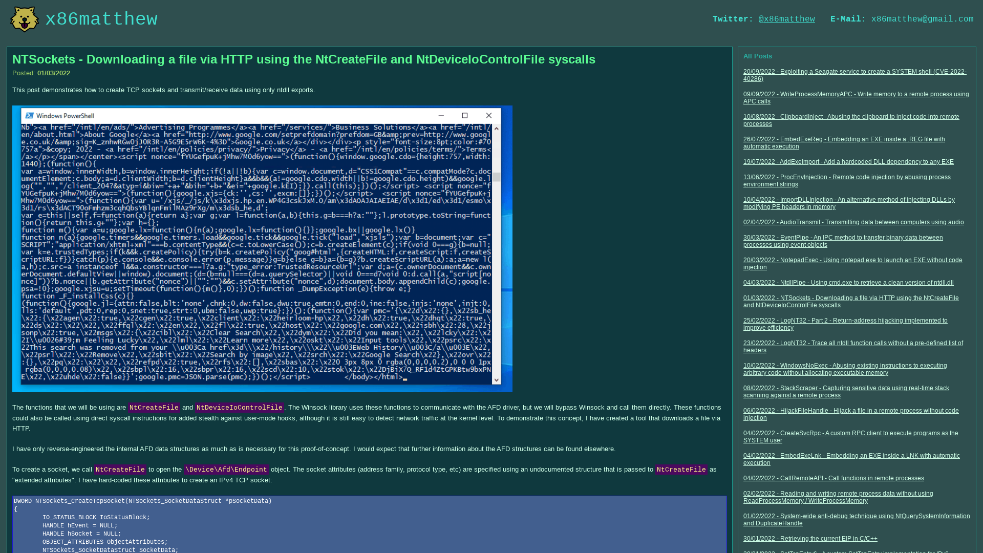 x86matthew - NTSockets - Downloading a file via HTTP using the NtCreateFile and NtDeviceIoControlFile syscalls