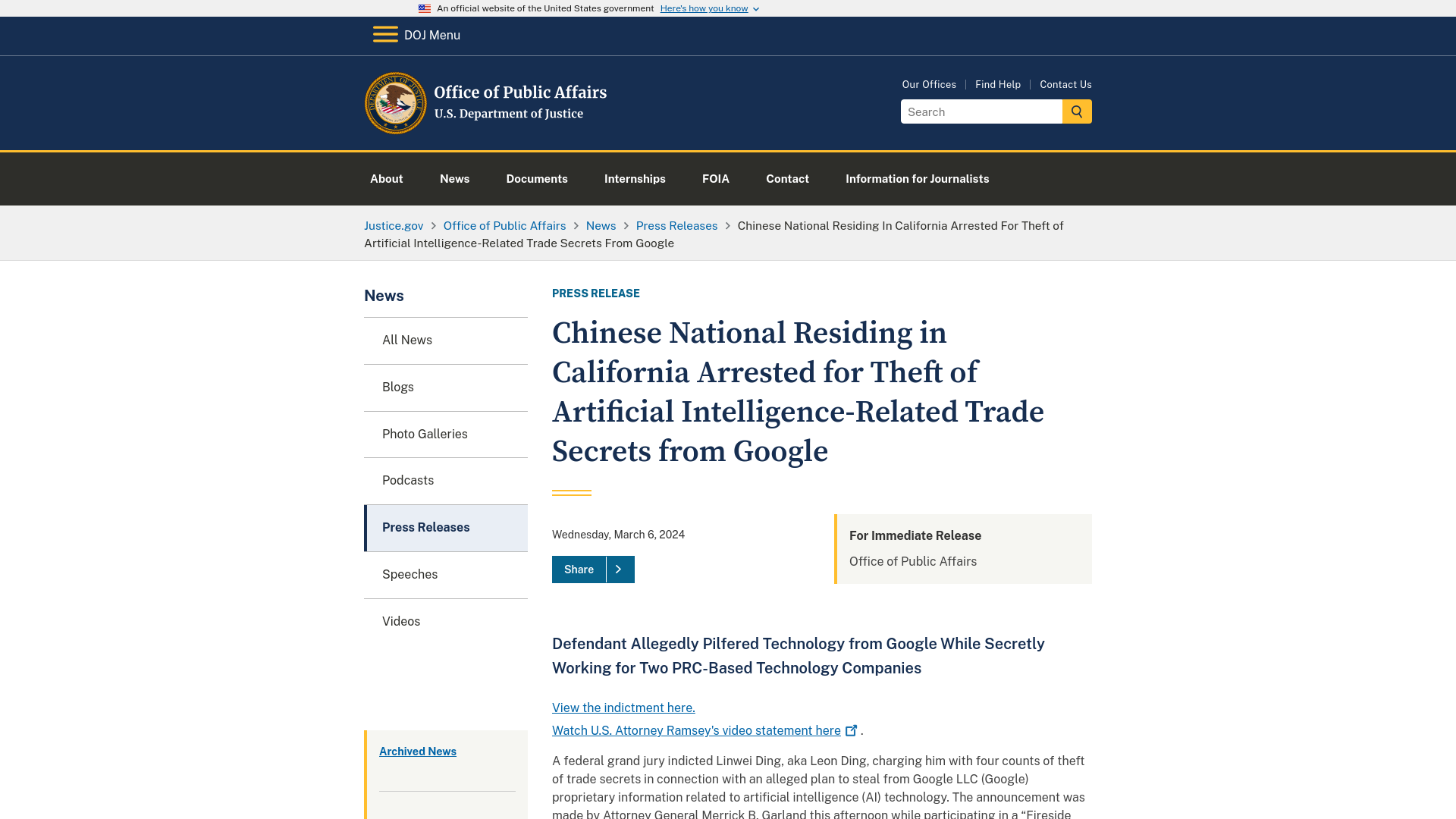 Office of Public Affairs | Chinese National Residing in California Arrested for Theft of Artificial Intelligence-Related Trade Secrets from Google | United States Department of Justice