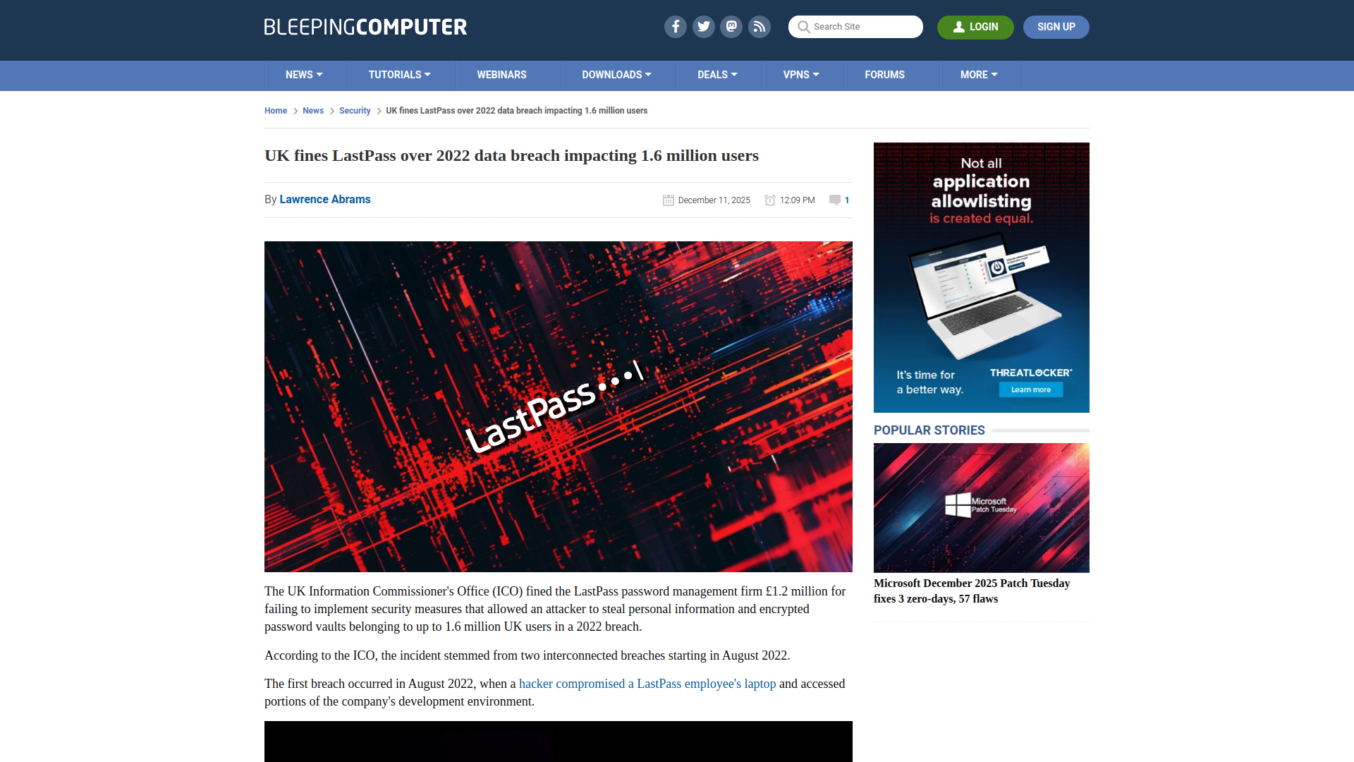 UK fines LastPass over 2022 data breach impacting 1.6 million users