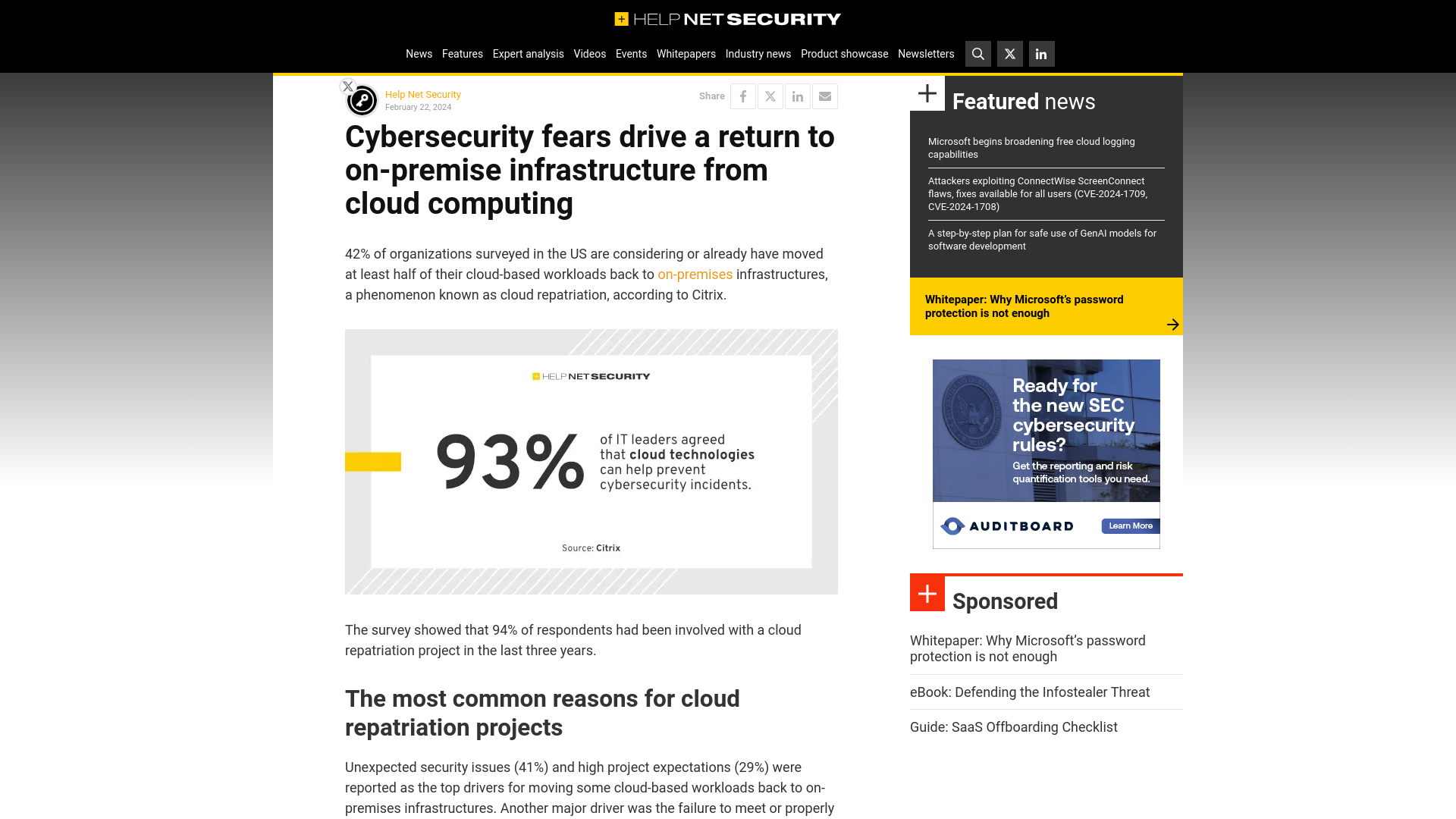 Cybersecurity fears drive a return to on-premise infrastructure from cloud computing - Help Net Security