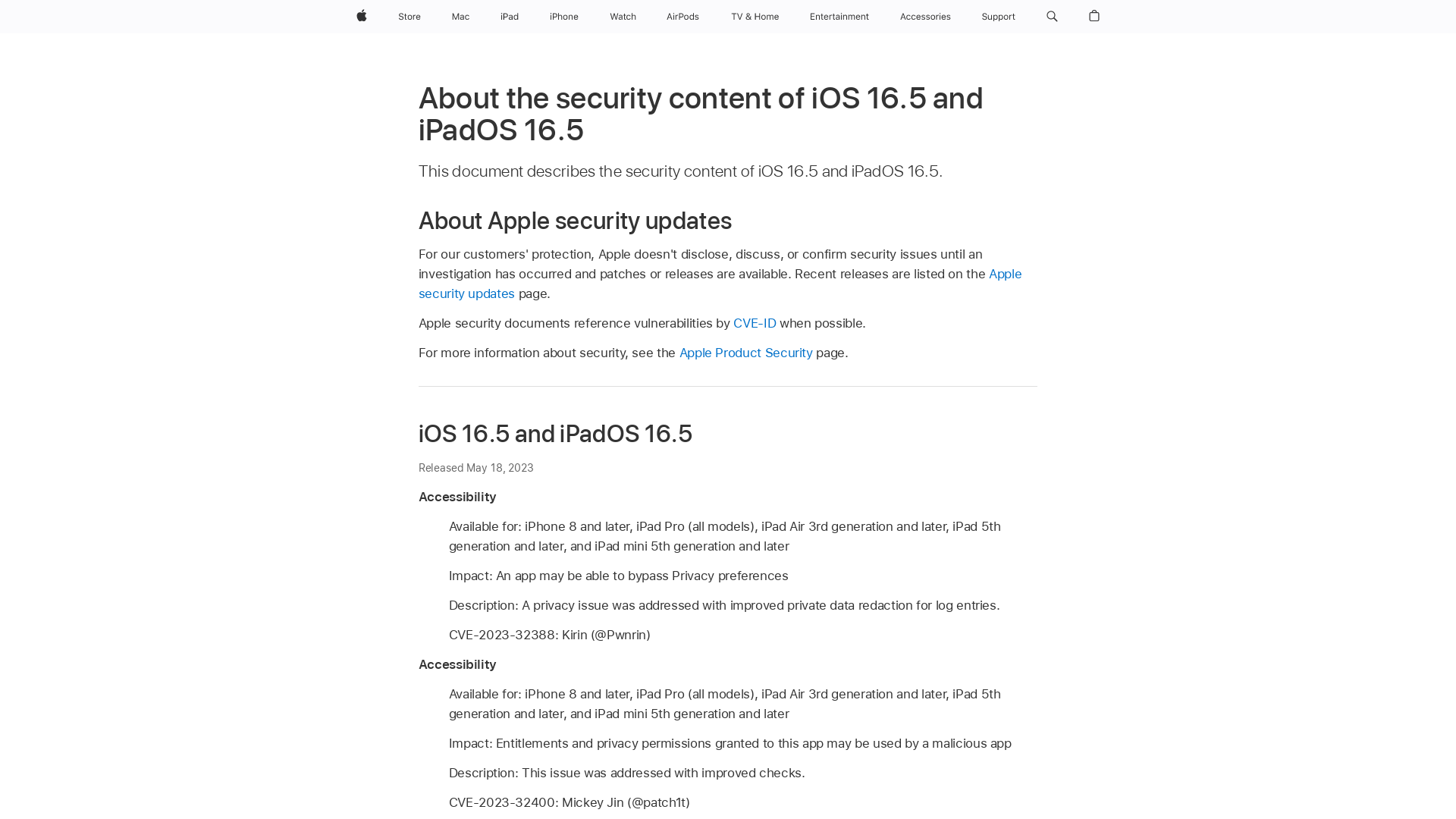 About the security content of iOS 16.5 and iPadOS 16.5 - Apple Support