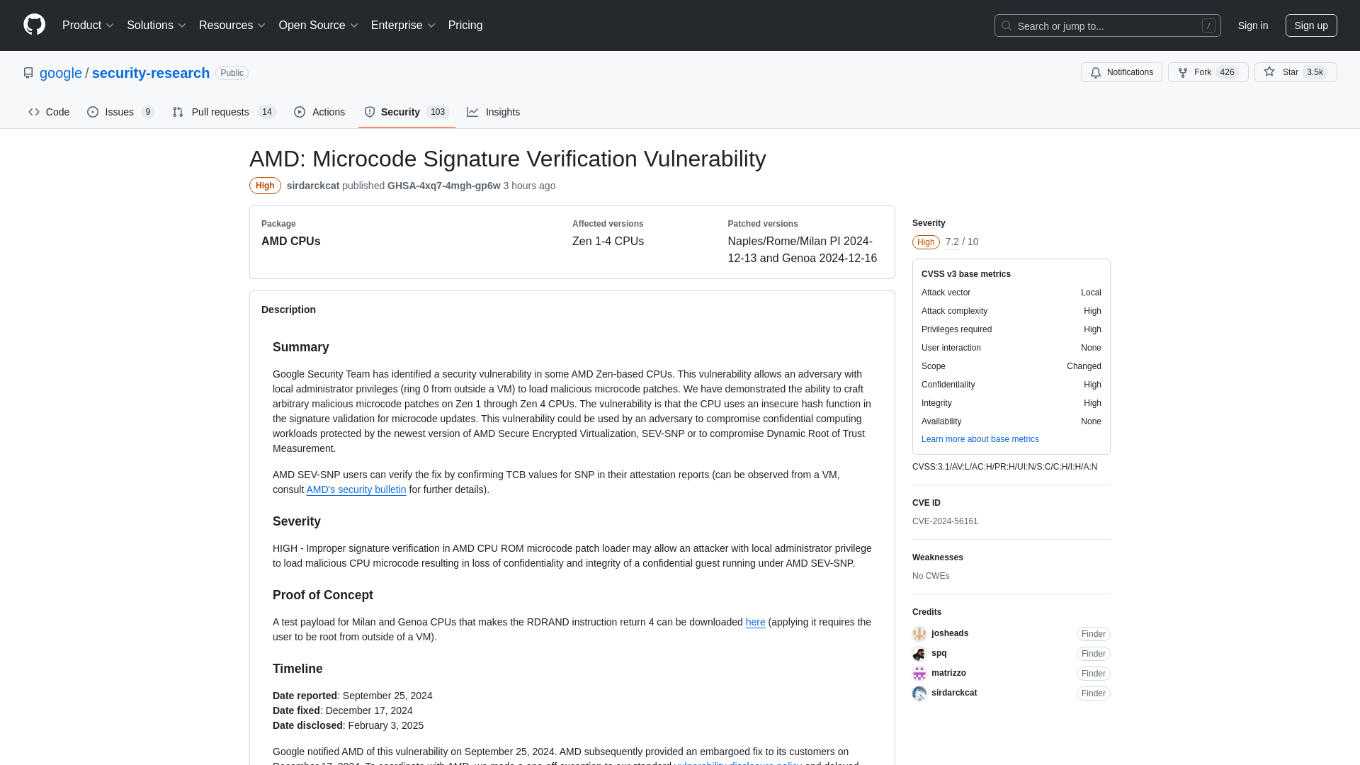 AMD: Microcode Signature Verification Vulnerability · Advisory · google/security-research · GitHub