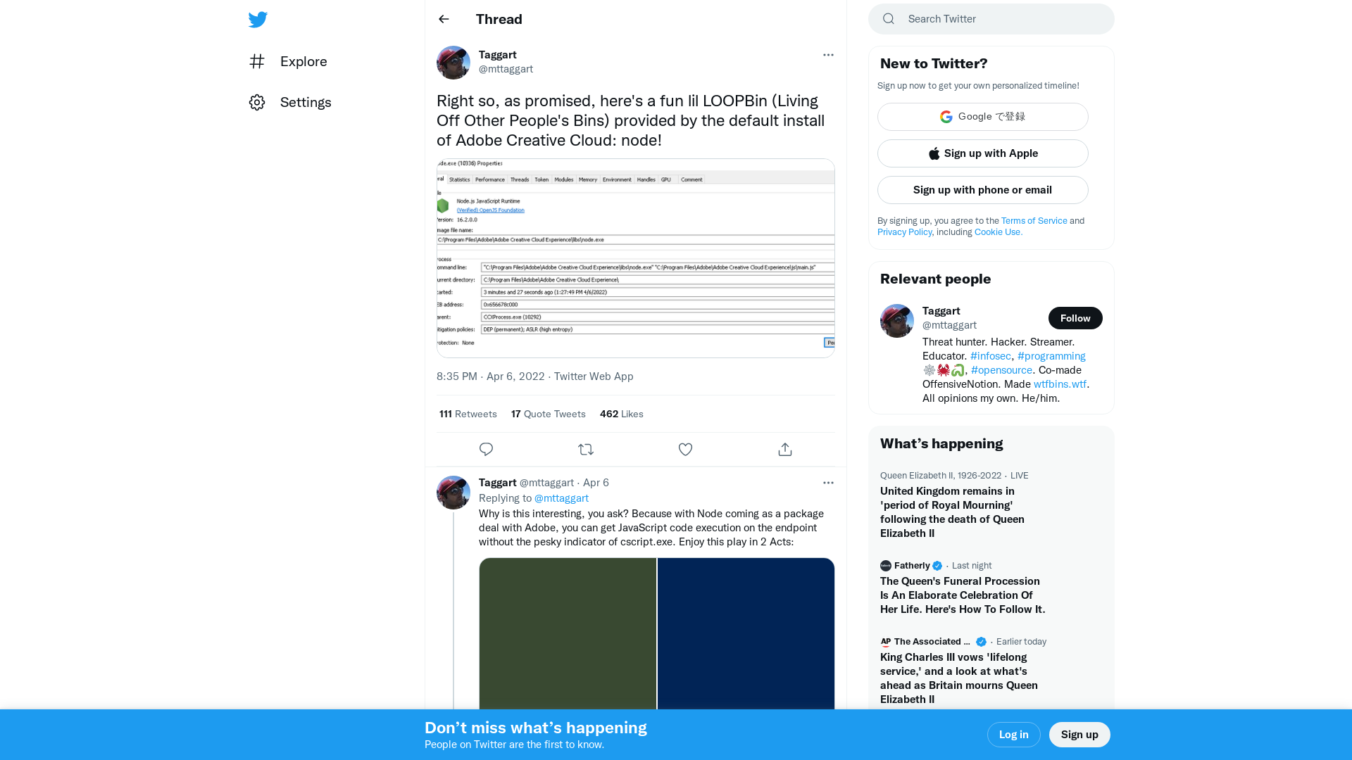 Taggart on Twitter: "Right so, as promised, here's a fun lil LOOPBin (Living Off Other People's Bins) provided by the default install of Adobe Creative Cloud: node! https://t.co/ECCl8cPrtx" / Twitter
