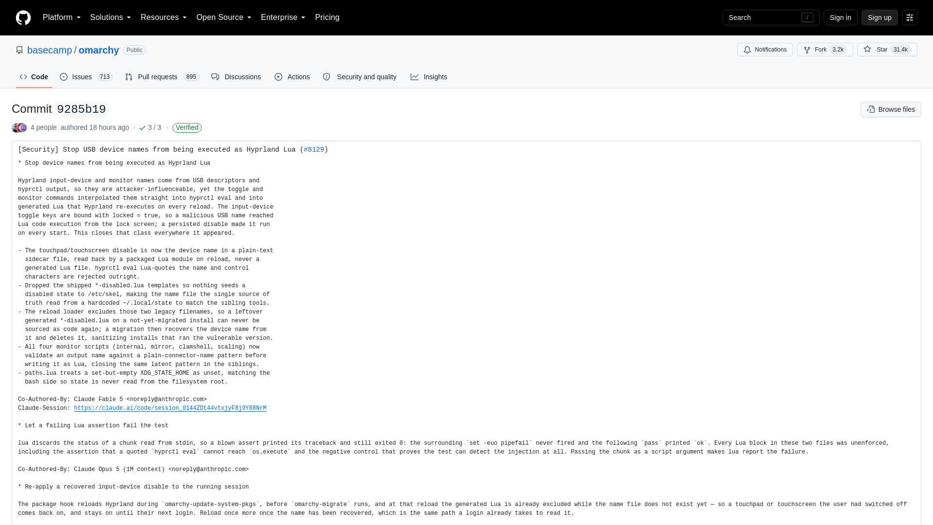 [Security] Stop USB device names from being executed as Hyprland Lua … · basecamp/omarchy@9285b19 · GitHub