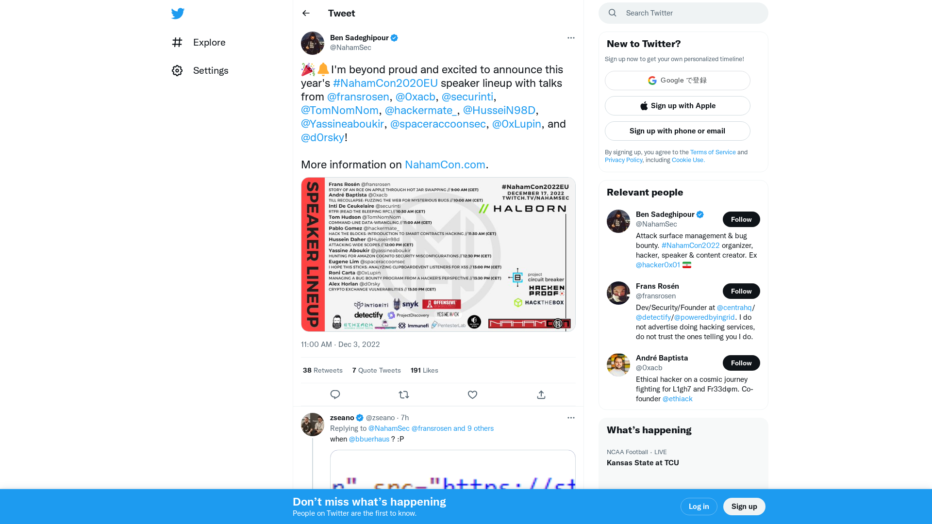 Ben Sadeghipour on Twitter: "🎉🔔I'm beyond proud and excited to announce this year's #NahamCon2020EU speaker lineup with talks from @fransrosen, @0xacb, @securinti, @TomNomNom, @hackermate_, @HusseiN98D, @Yassineaboukir, @spaceraccoonsec, @0xLupin, and @d0rsky! More information on https://t.co/ITnfcK3NQc. https://t.co/DNkP6El2DD" / Twitter