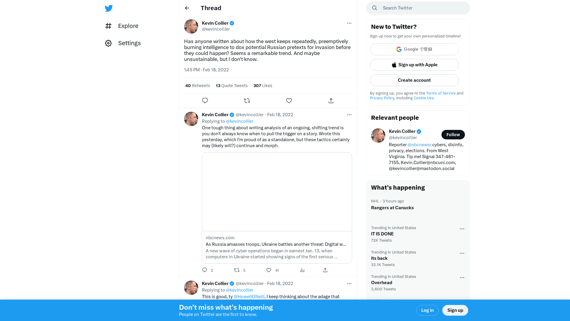 Kevin Collier on Twitter: "Has anyone written about how the west keeps repeatedly, preemptively burning intelligence to dox potential Russian pretexts for invasion before they could happen? Seems a remarkable trend. And maybe unsustainable, but I don't know." / Twitter