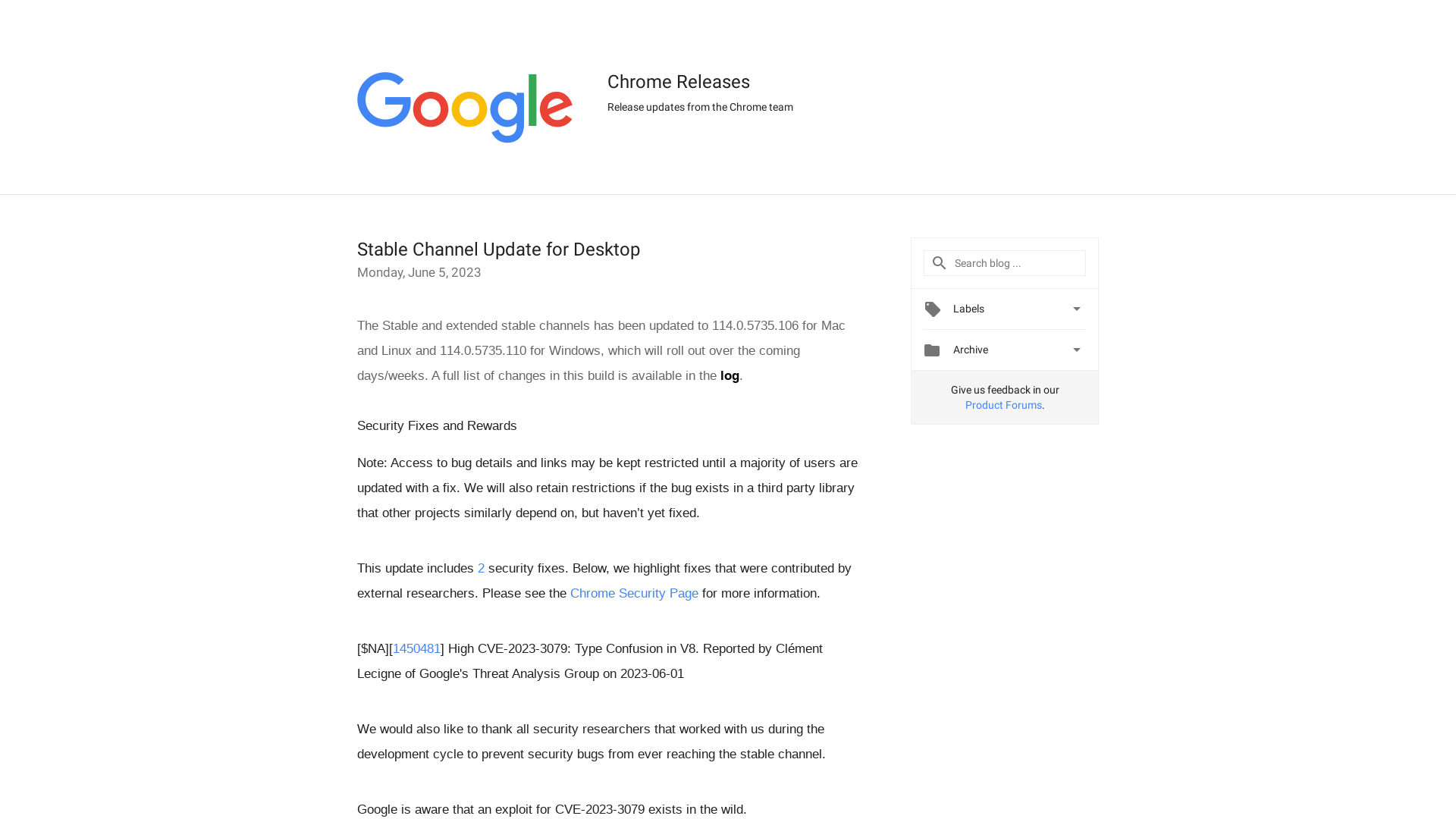 Chrome Releases: Stable Channel Update for Desktop