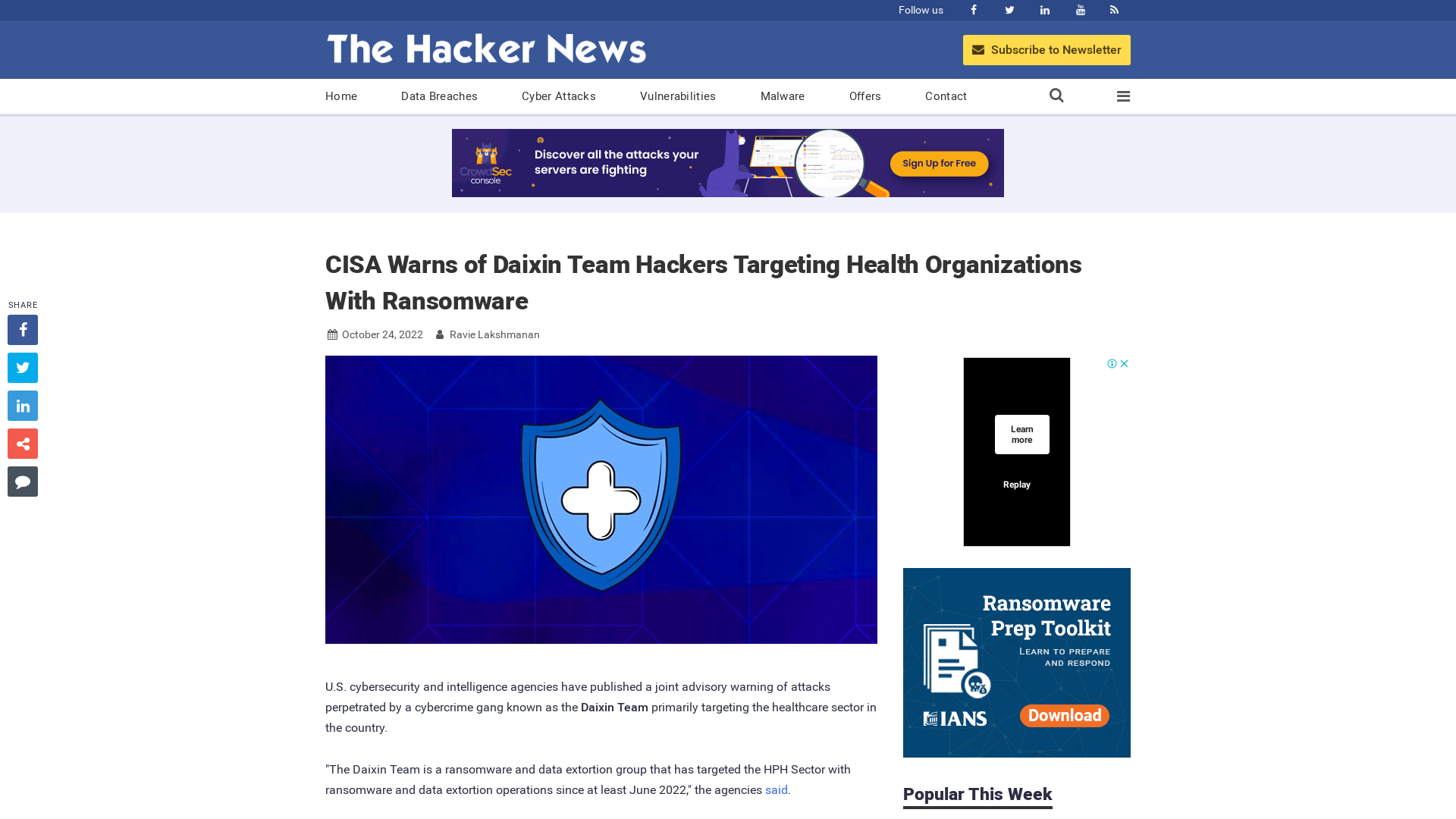 CISA Warns of Daixin Team Hackers Targeting Health Organizations With Ransomware