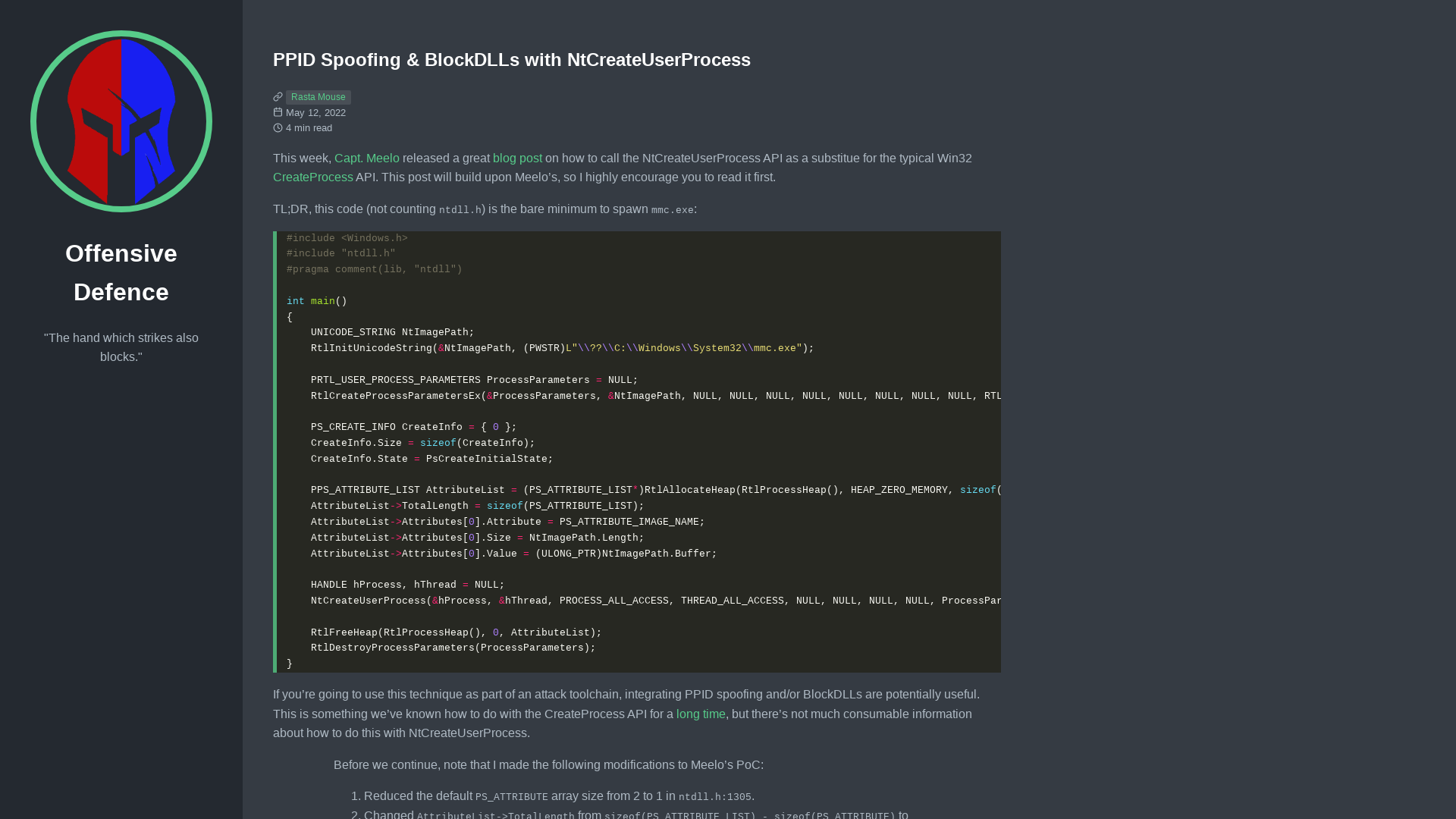 PPID Spoofing & BlockDLLs with NtCreateUserProcess - Offensive Defence