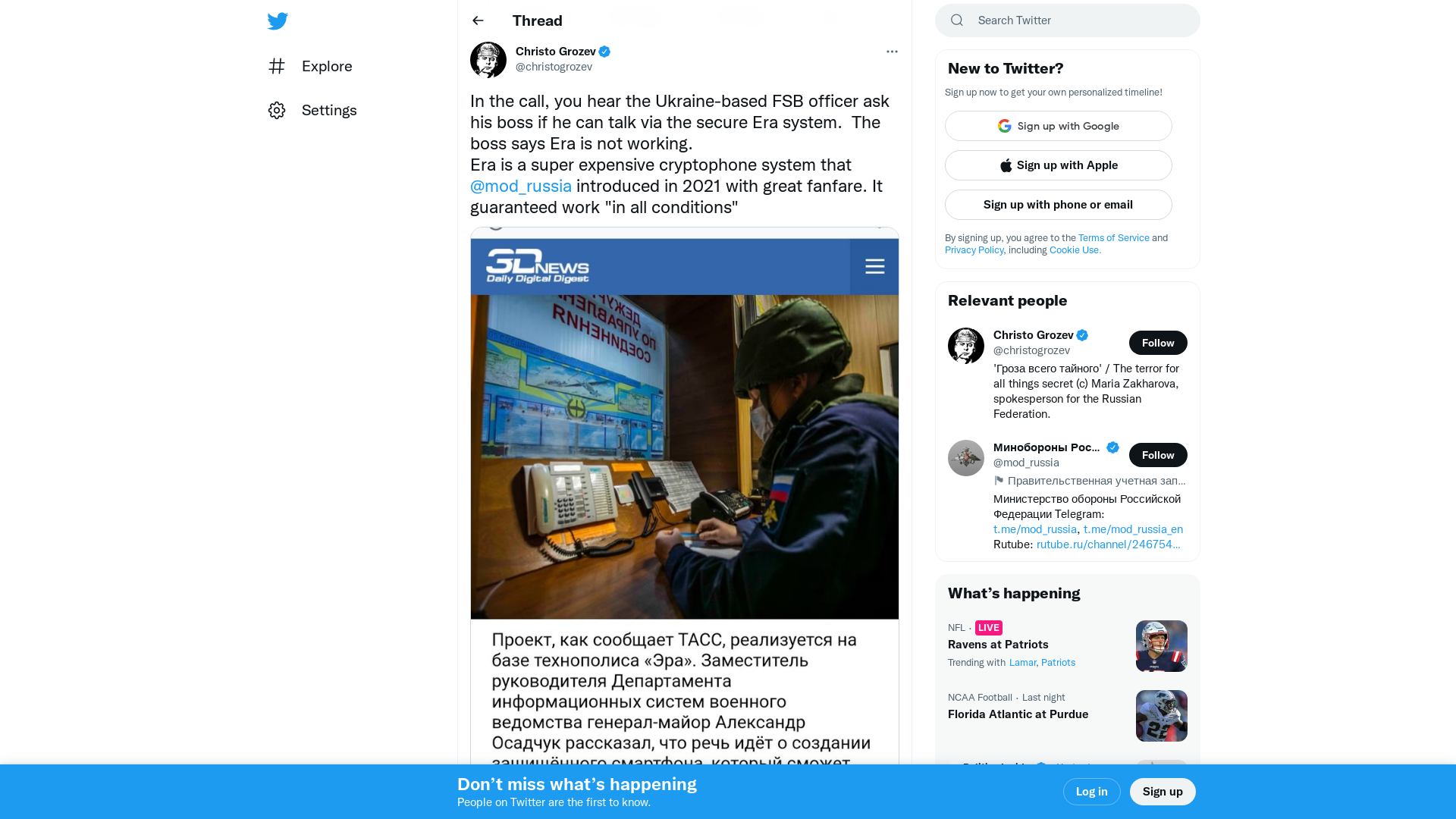 Christo Grozev on Twitter: "In the call, you hear the Ukraine-based FSB officer ask his boss if he can talk via the secure Era system. The boss says Era is not working. Era is a super expensive cryptophone system that @mod_russia introduced in 2021 with great fanfare. It guaranteed work "in all conditions" https://t.co/MlIt8NNwLE" / Twitter