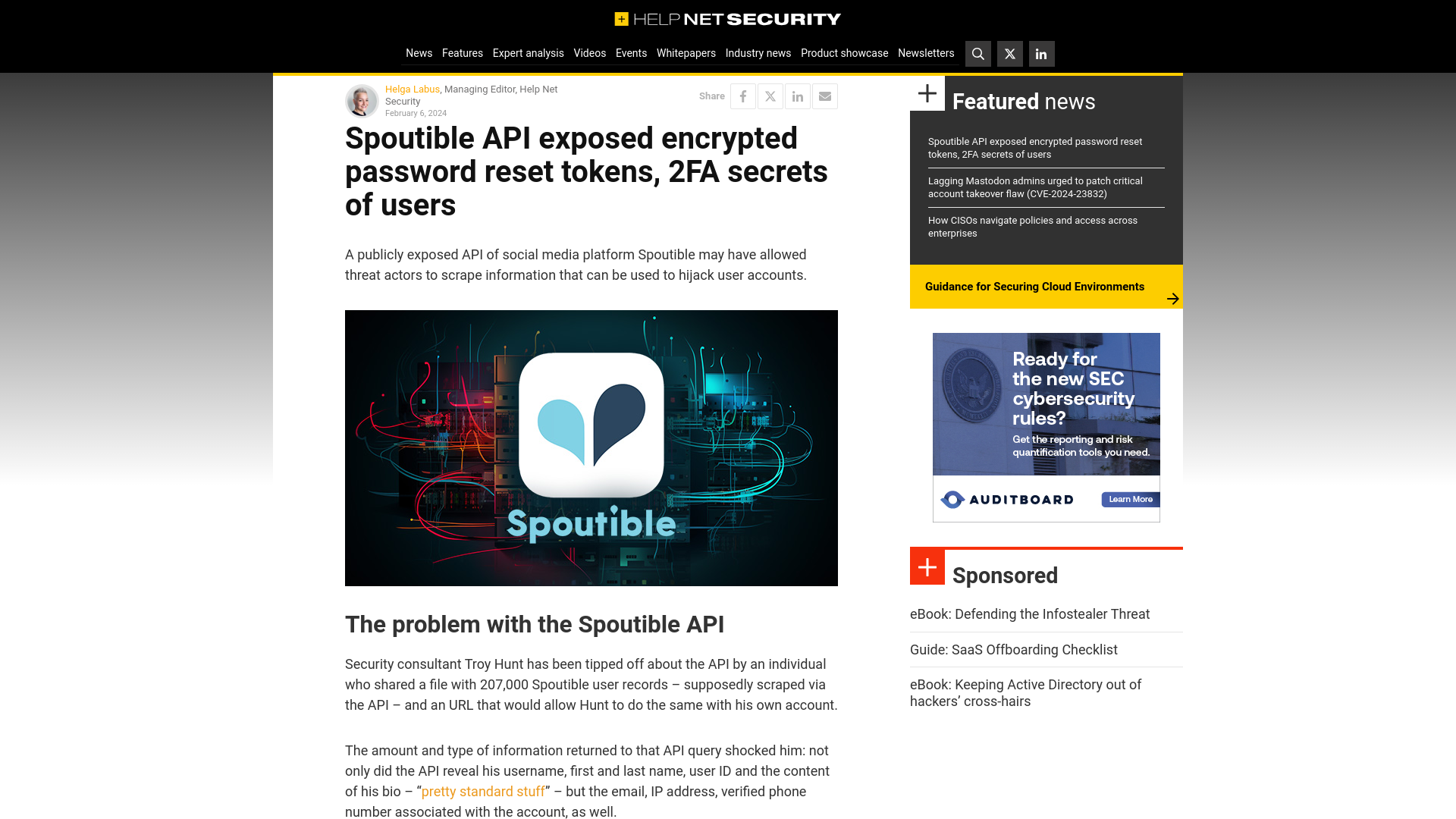 Spoutible API exposed encrypted password reset tokens, 2FA secrets of users - Help Net Security