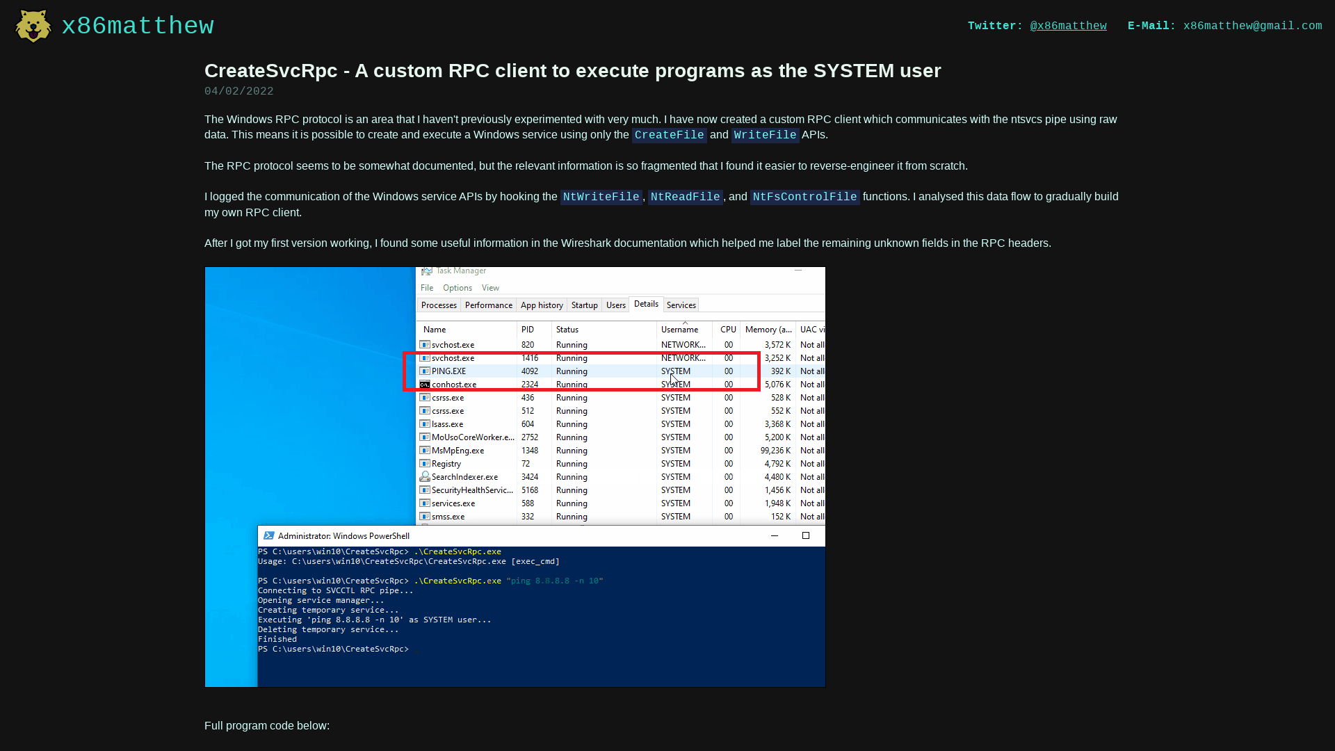 x86matthew - CreateSvcRpc - A custom RPC client to execute programs as the SYSTEM user