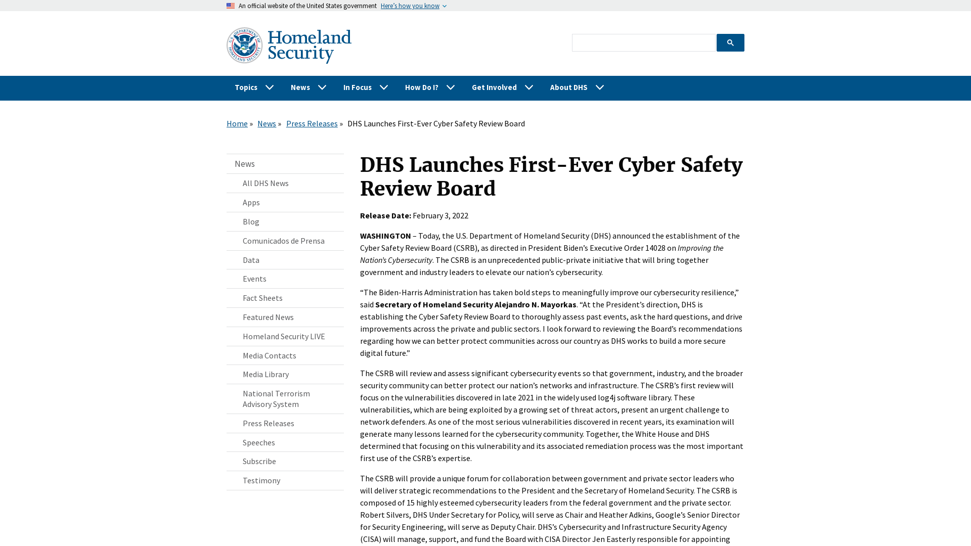 DHS Launches First-Ever Cyber Safety Review Board | Homeland Security