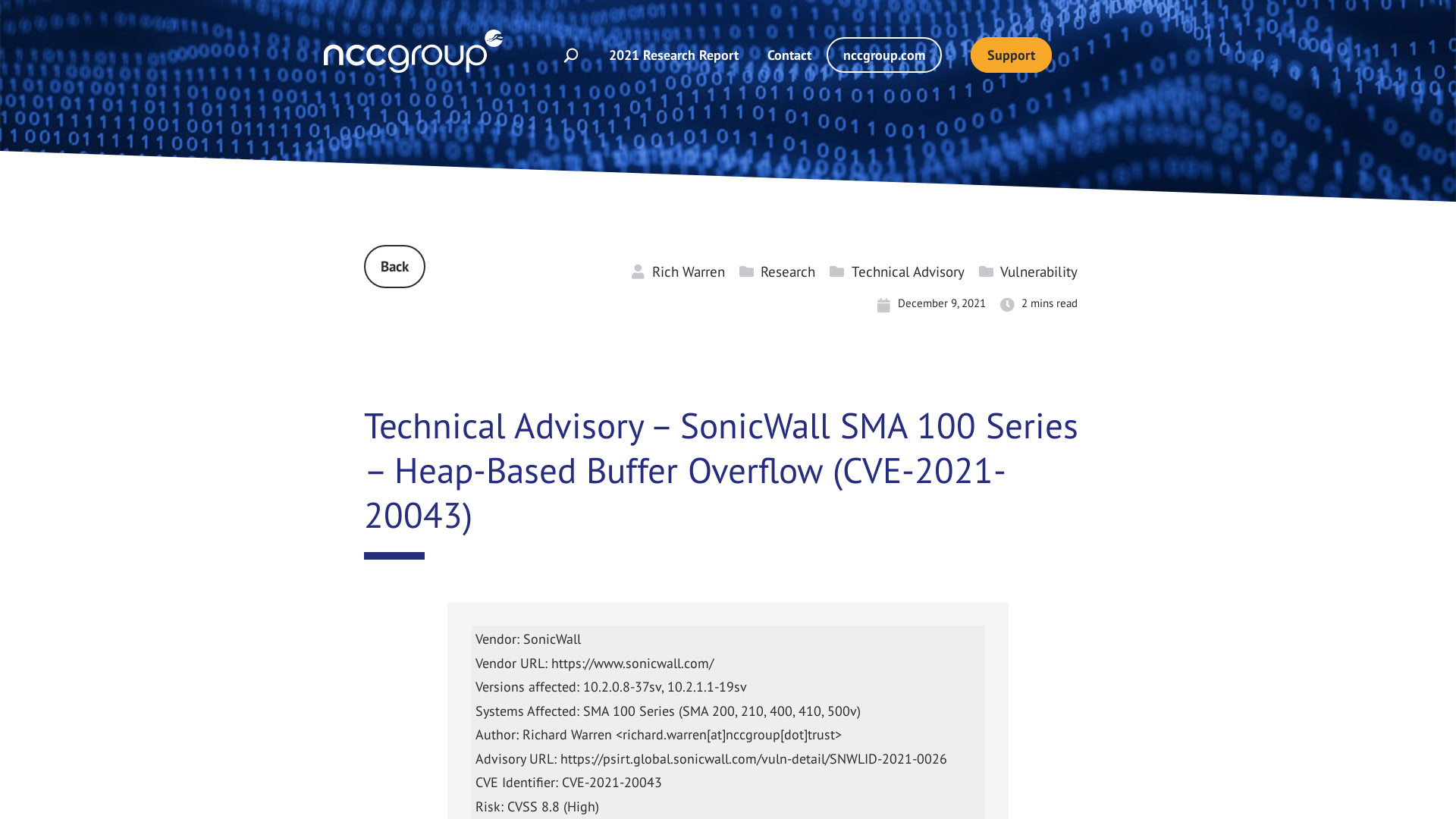 Technical Advisory – SonicWall SMA 100 Series – Heap-Based Buffer Overflow (CVE-2021-20043) | NCC Group Research Blog | Making the world safer and more secure