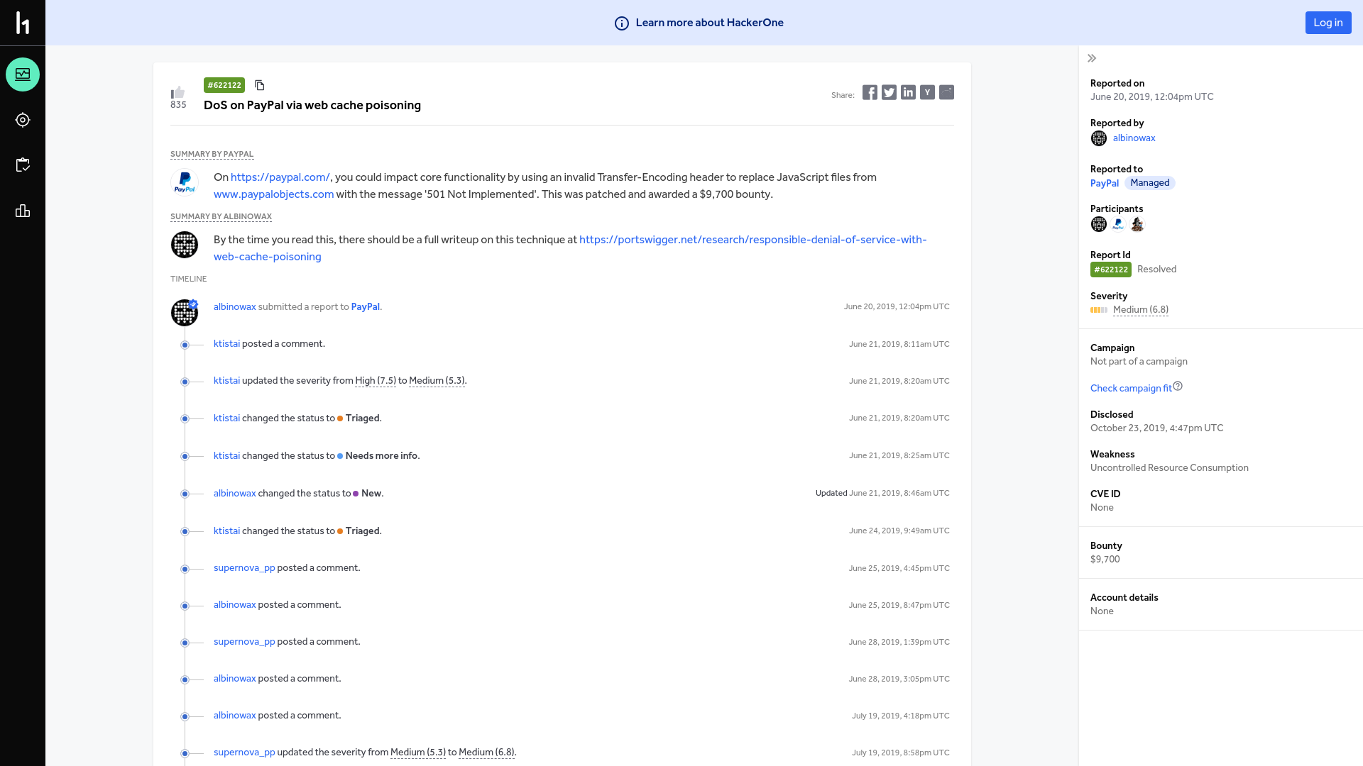 PayPal | Report #622122 - DoS on PayPal via web cache poisoning | HackerOne