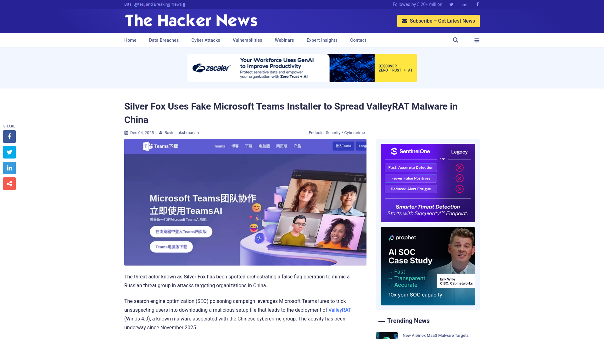 Silver Fox Uses Fake Microsoft Teams Installer to Spread ValleyRAT Malware in China