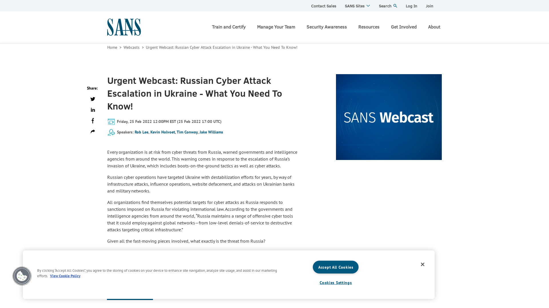 Urgent Webcast: Russian Cyber Attack Escalation in Ukraine - What You Need To Know! | SANS Institute