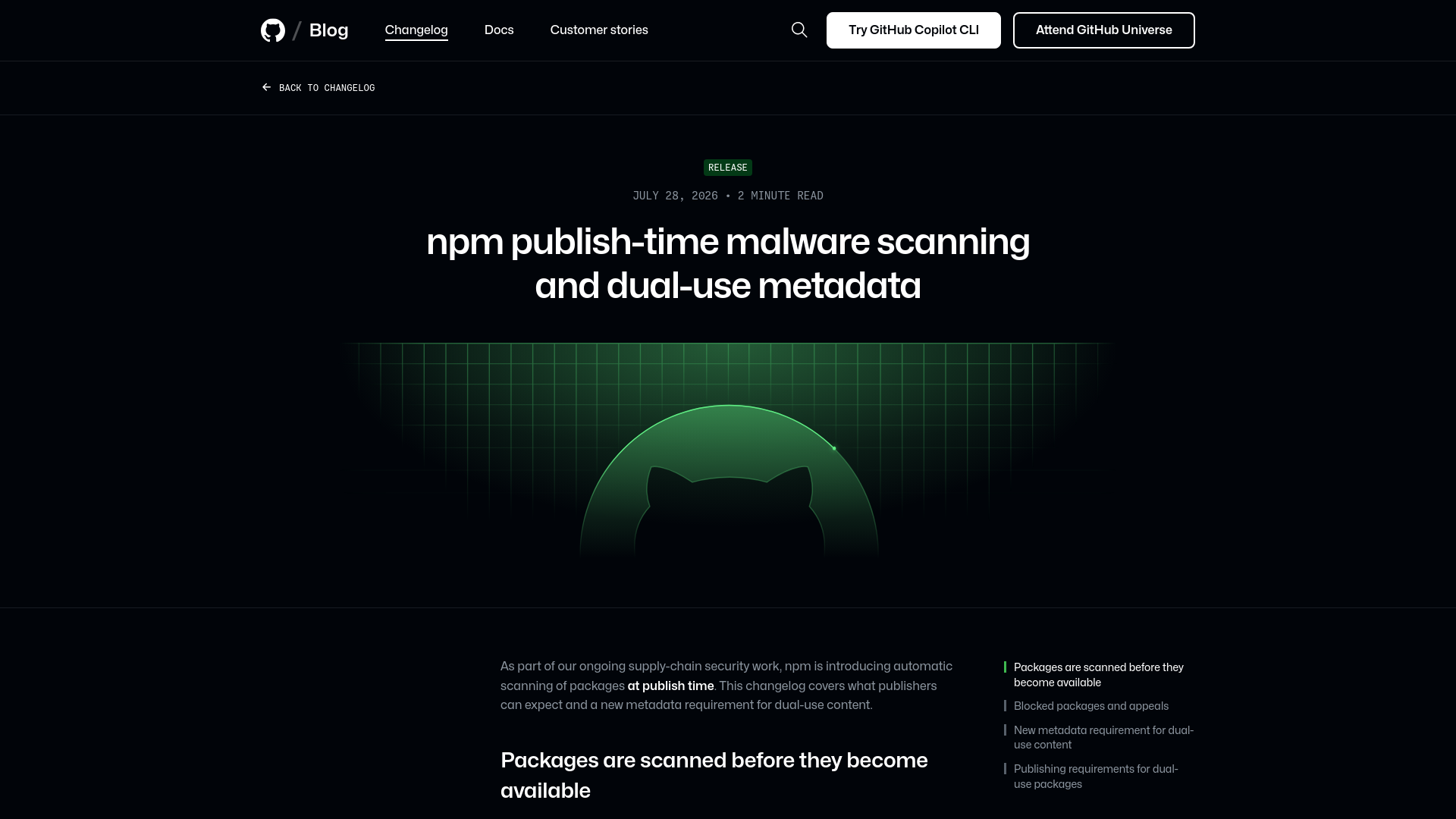 npm publish-time malware scanning and dual-use metadata - GitHub Changelog