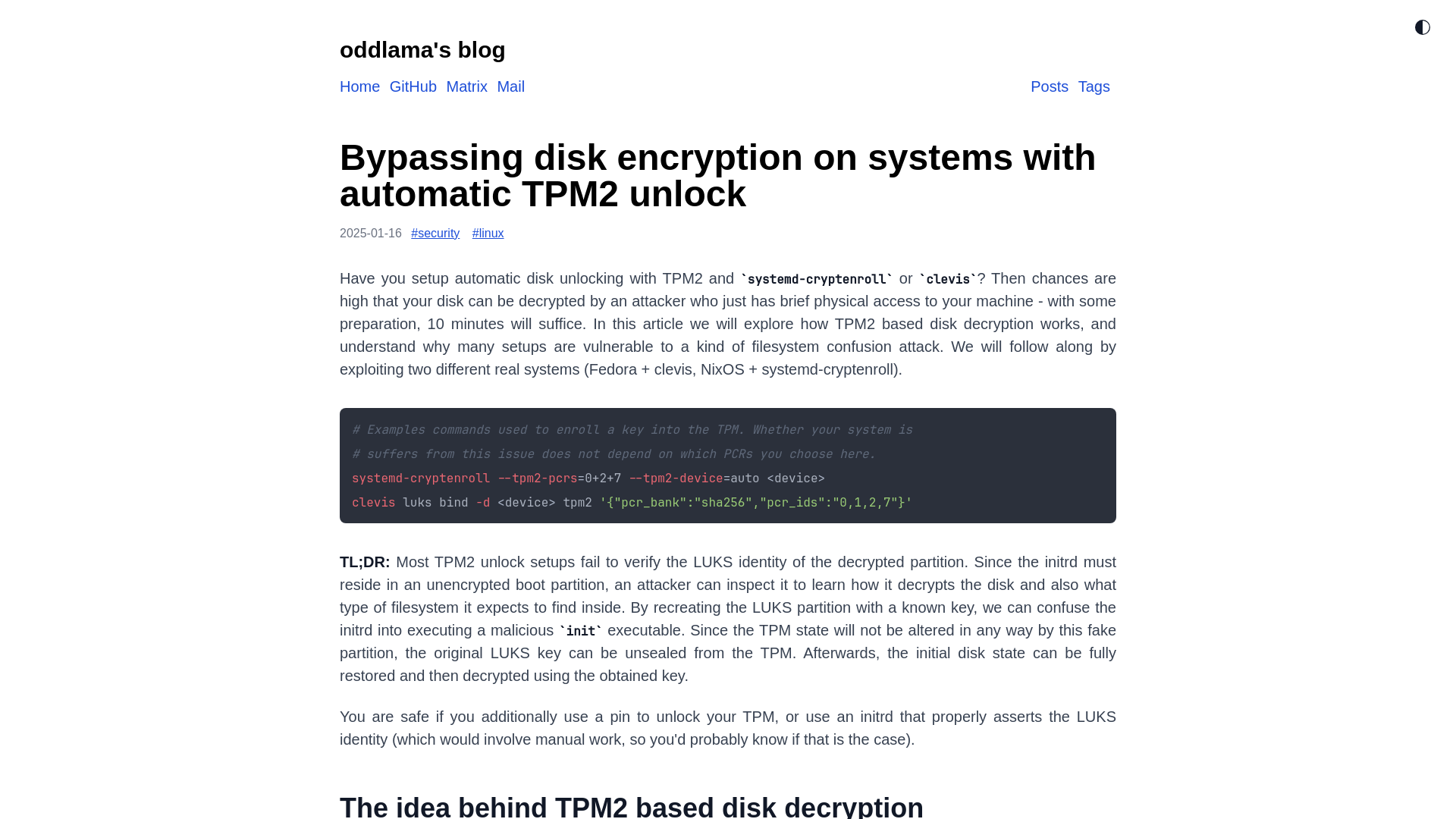 Bypassing disk encryption on systems with automatic TPM2 unlock | oddlama's blog