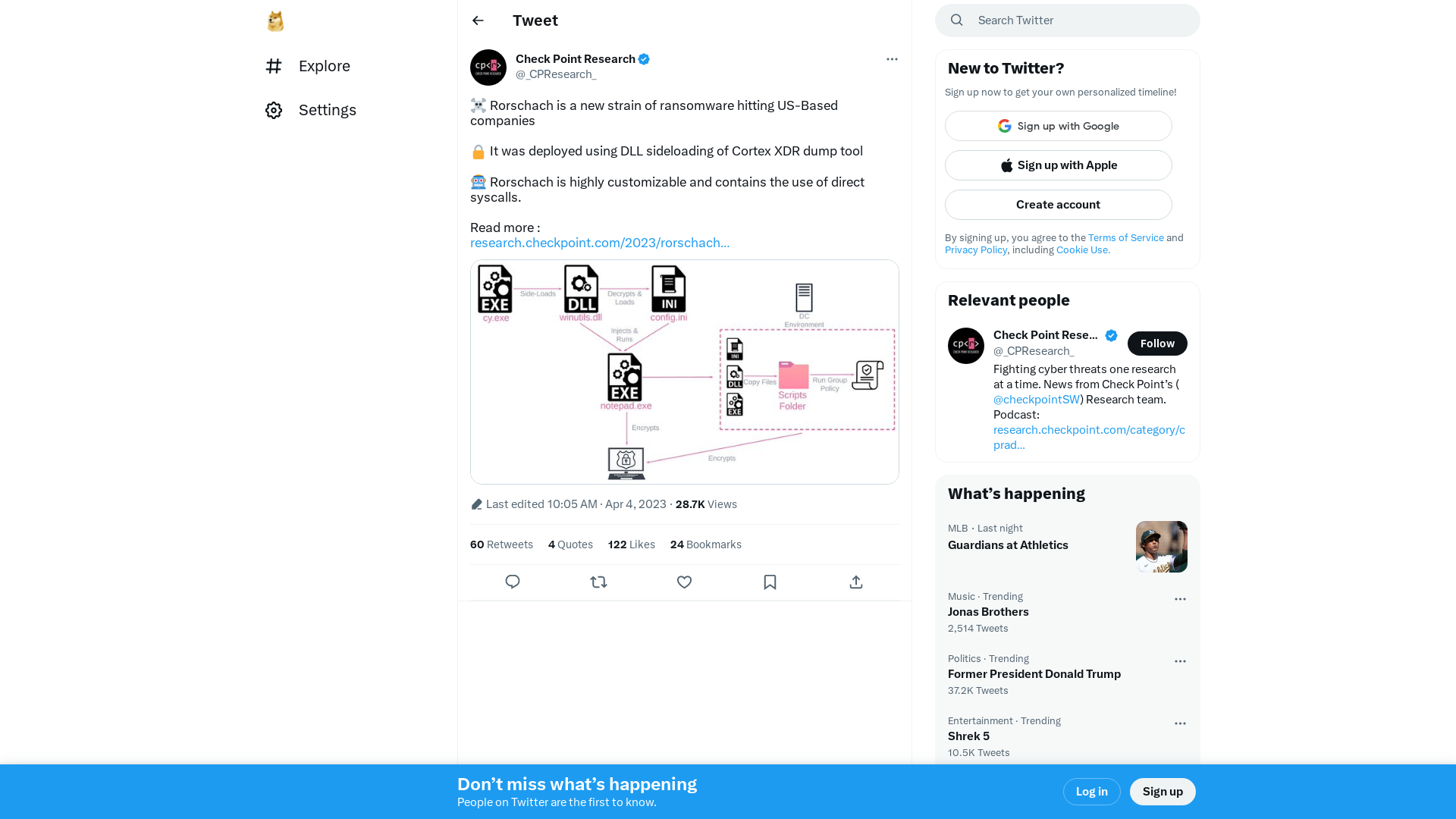 Check Point Research on Twitter: "☠️ Rorschach is a new strain of ransomware hitting US-Based companies 🔒 It was deployed using DLL sideloading of Cortex XDR dump tool 🤖 Rorschach is highly customizable and contains the use of direct syscalls. Read more : https://t.co/WyeroW7mws https://t.co/fBVTVygLQg" / Twitter