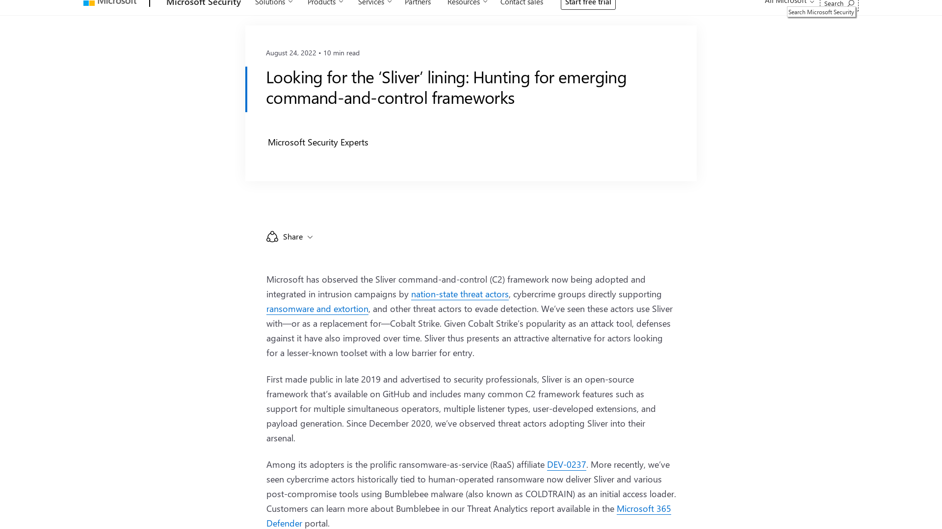 Looking for the ‘Sliver’ lining: Hunting for emerging command-and-control frameworks - Microsoft Security Blog