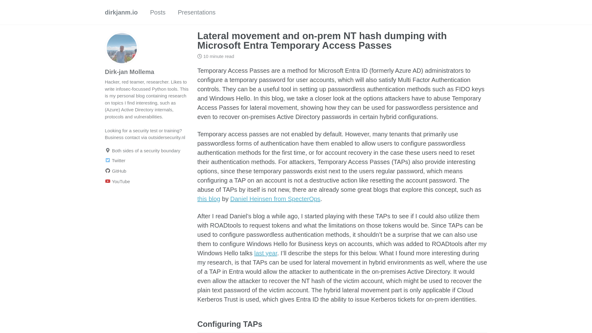 Lateral movement and on-prem NT hash dumping with Microsoft Entra Temporary Access Passes - dirkjanm.io