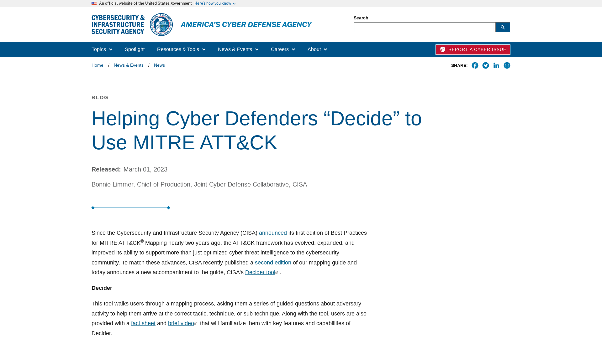 Helping Cyber Defenders “Decide” to Use MITRE ATT&CK | CISA