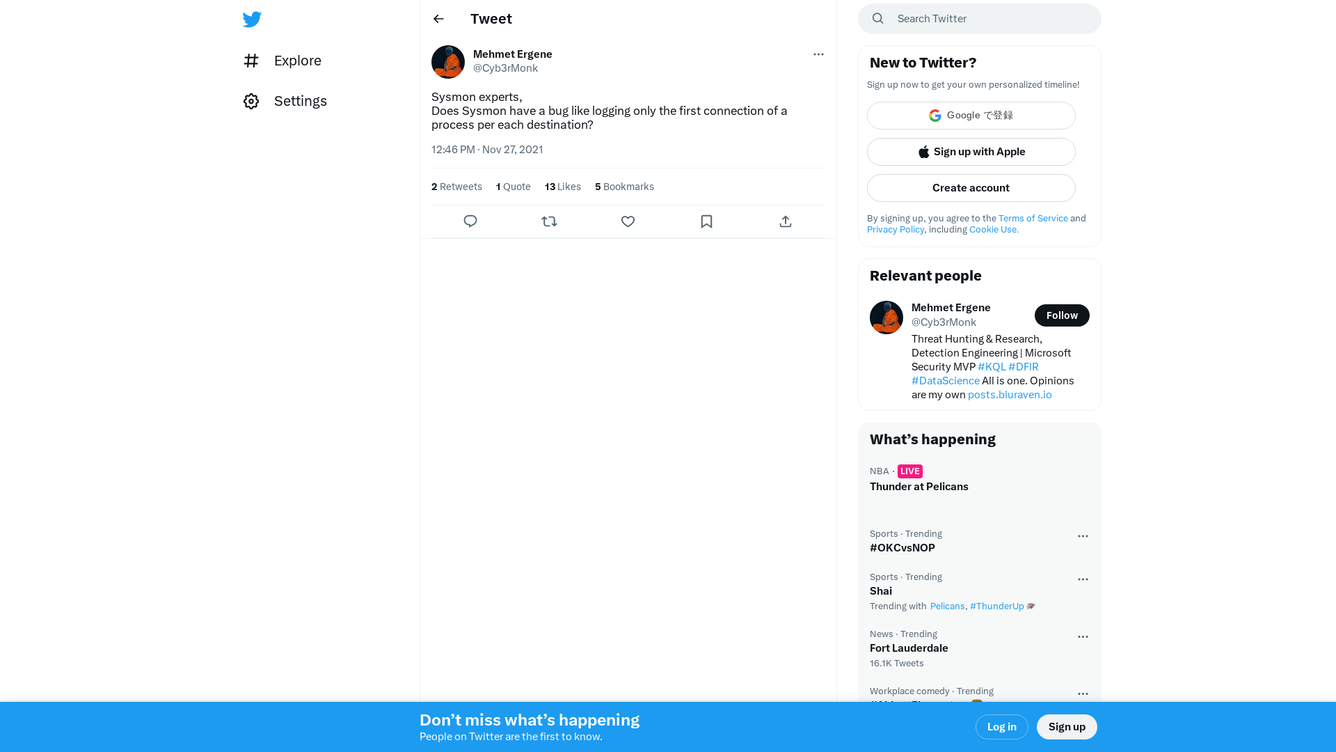 Mehmet Ergene on Twitter: "Sysmon experts, Does Sysmon have a bug like logging only the first connection of a process per each destination?" / Twitter