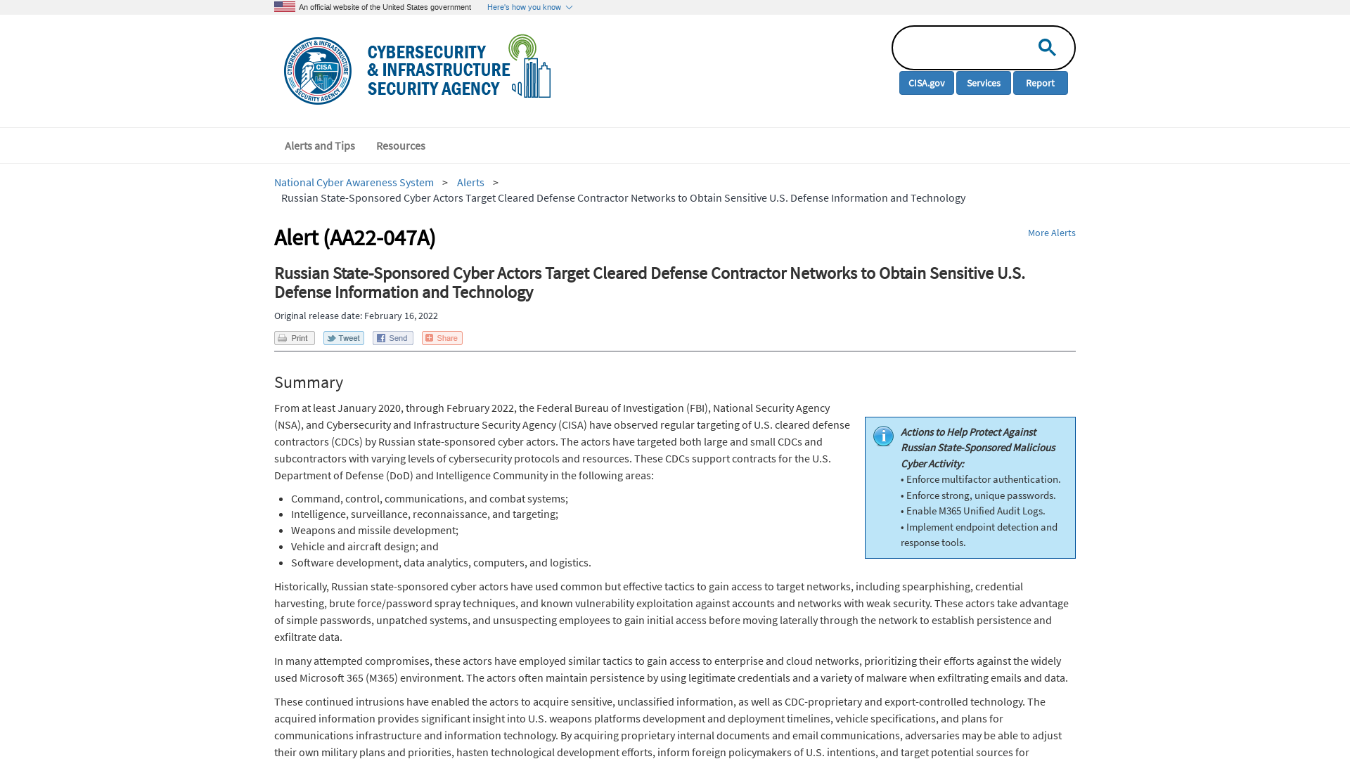 Russian State-Sponsored Cyber Actors Target Cleared Defense Contractor Networks to Obtain Sensitive U.S. Defense Information and Technology | CISA