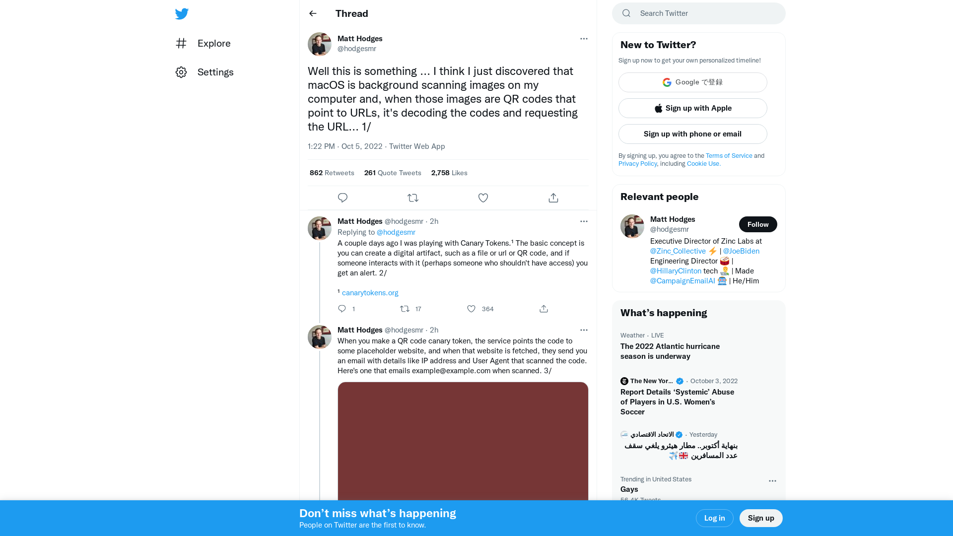 Matt Hodges on Twitter: "Well this is something ... I think I just discovered that macOS is background scanning images on my computer and, when those images are QR codes that point to URLs, it's decoding the codes and requesting the URL... 1/" / Twitter